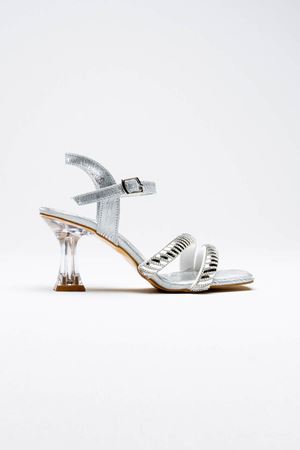 Kadın Şeffaf İnce Topuklu Sandalet Ayakkabı - Gümüş