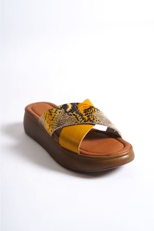 Kadın Hakiki Deri Terlik - Hardal/Yılan D. 