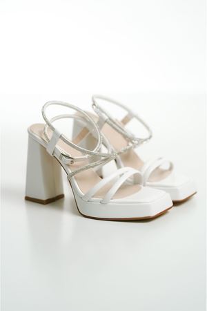 Kadın Taşlı Platform Topuklu Ayakkabı Sandalet - Beyaz