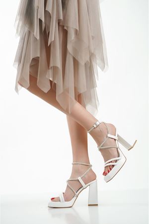 Kadın Taşlı Platform Topuklu Ayakkabı Sandalet - Beyaz