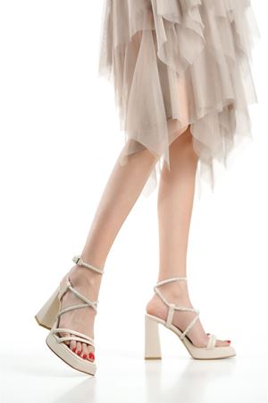 Kadın Taşlı Platform Topuklu Ayakkabı Sandalet - Ten