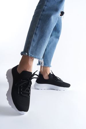Kadın Nefes Alabilir Triko Sneaker Spor Ayakkabı - Siyah/Beyaz T.