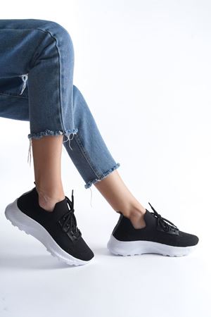 Kadın Nefes Alabilir Triko Sneaker Spor Ayakkabı - Siyah/Beyaz T.