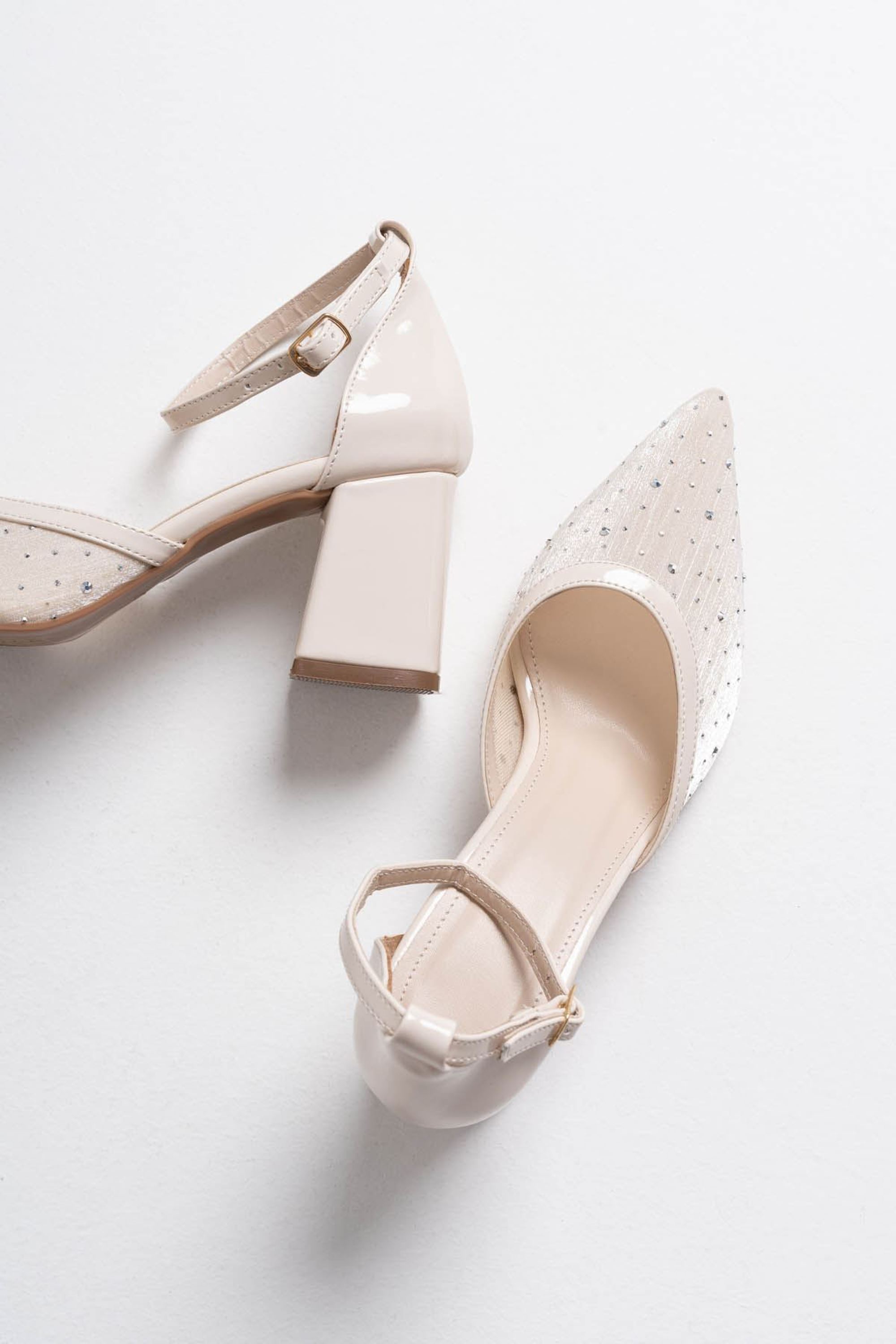 Velora Tekstil Kumaş Taşlı Kadın Topuklu Ayakkabı - Bej