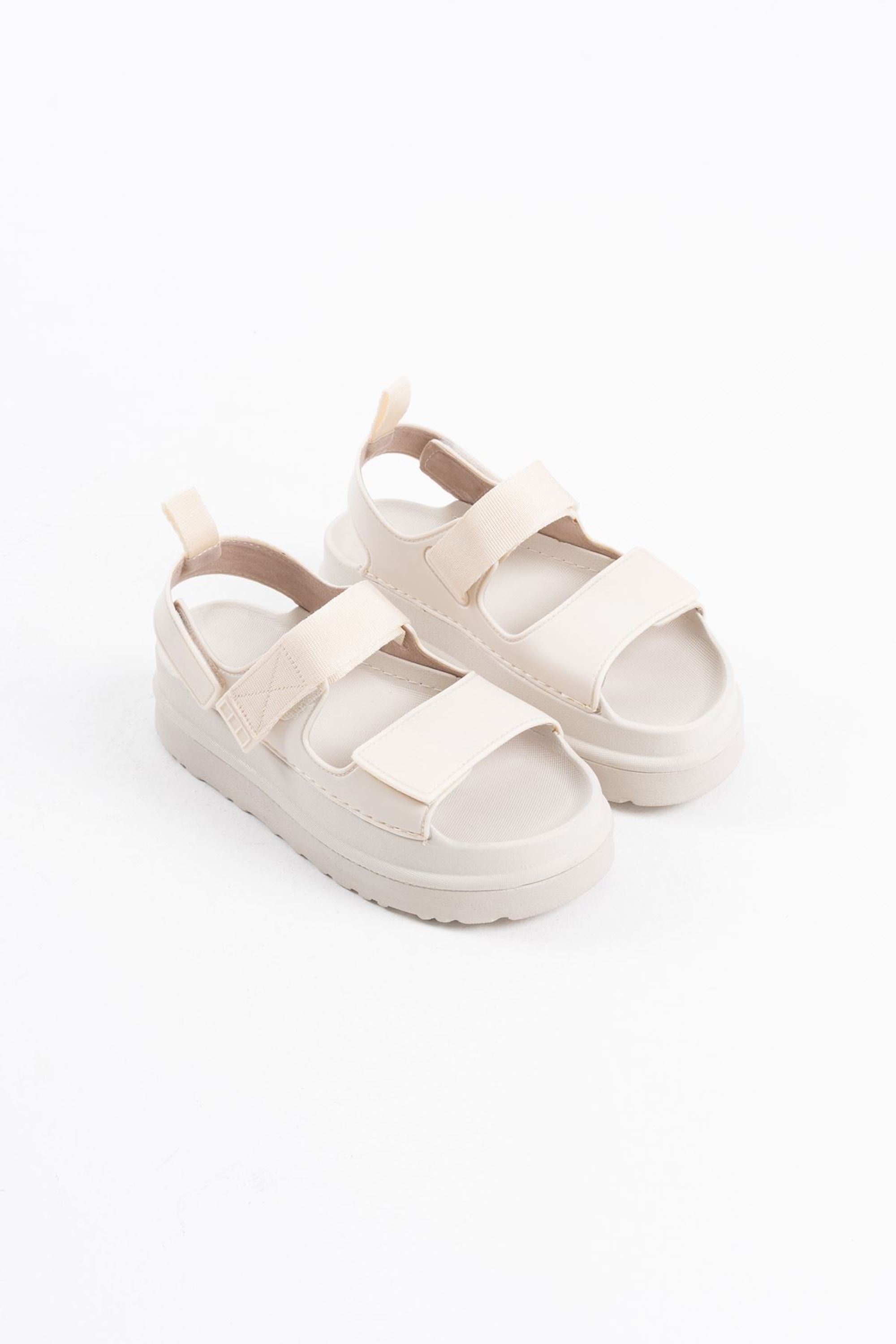 Dulisa Kadın Tam Kalıp Cırtlı Sade Kalın Tabanlı Sandalet - Bej