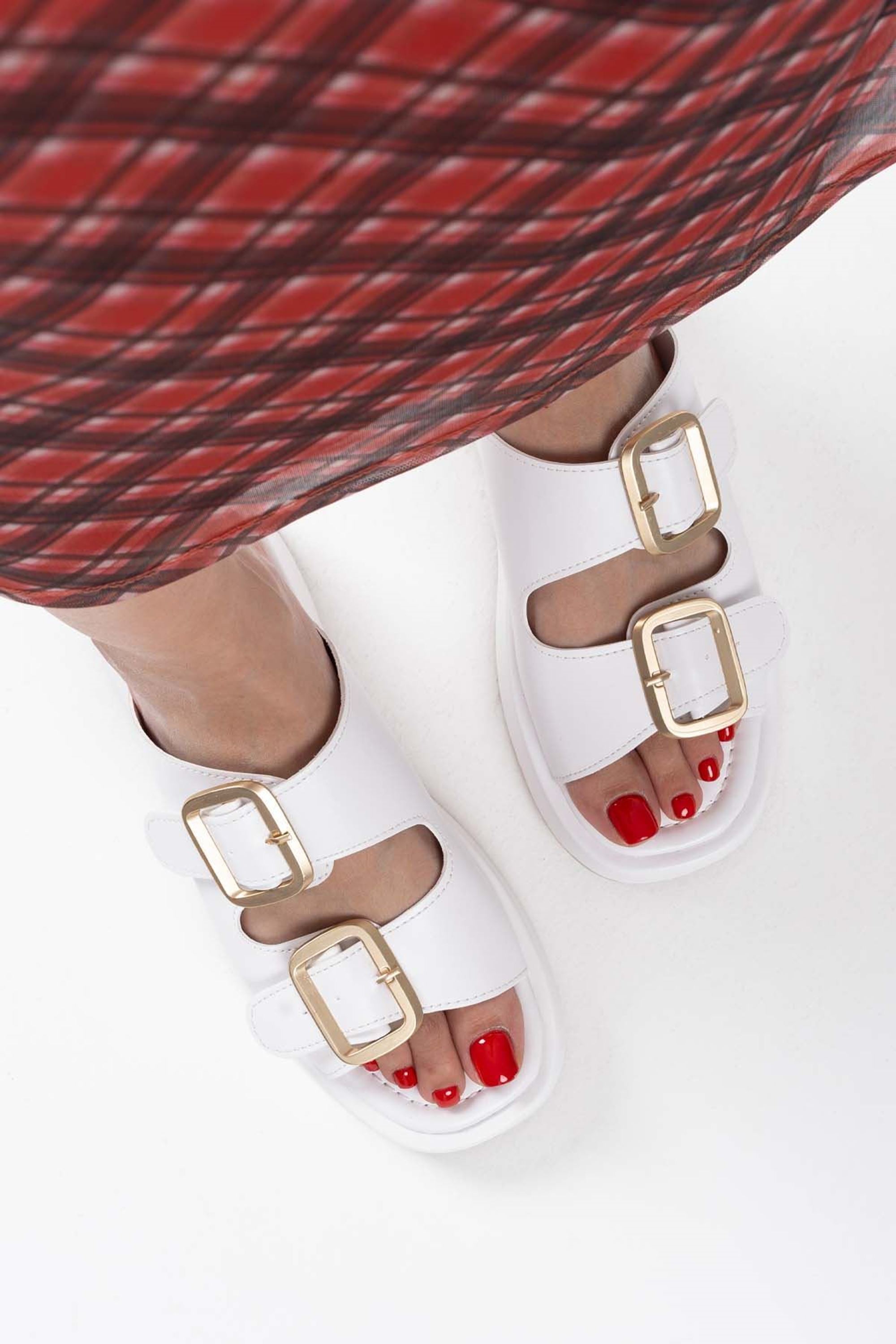 Loaqua Çift Toka Detaylı Cilt Terlik - Beyaz