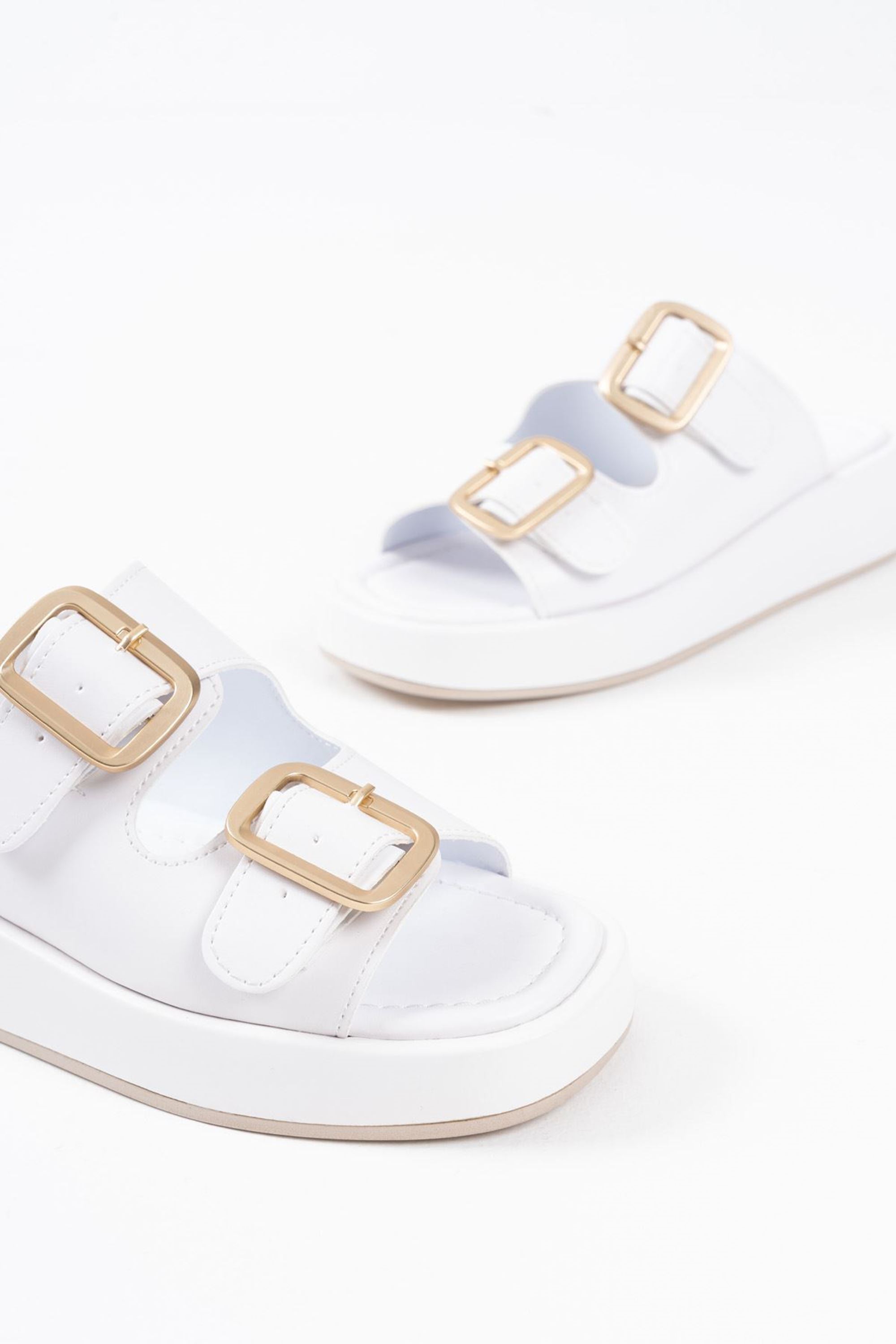 Loaqua Çift Toka Detaylı Cilt Terlik - Beyaz