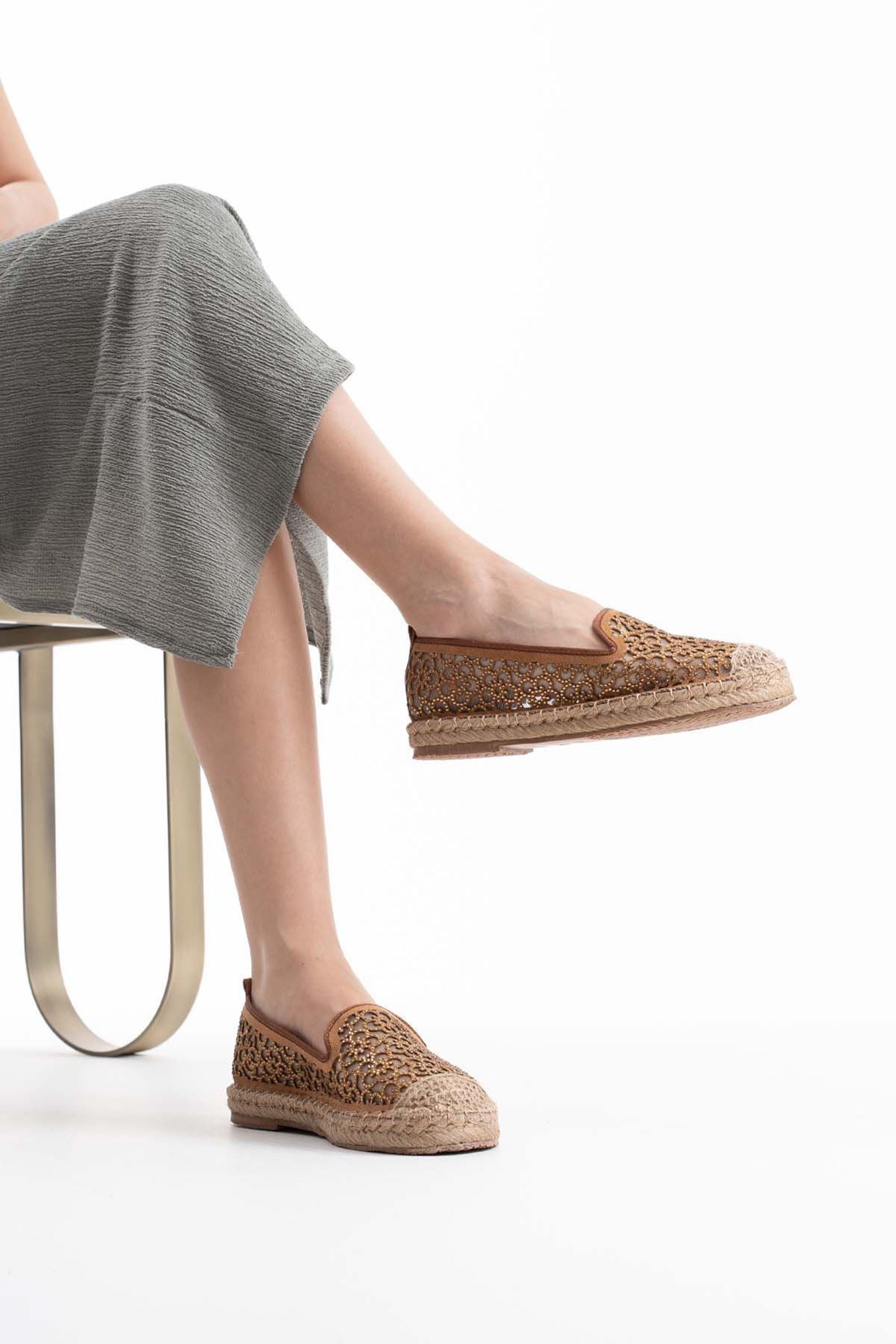 Florine Kadın İnce Taş Detaylı Günlük Espadril Ayakkabı - Taba