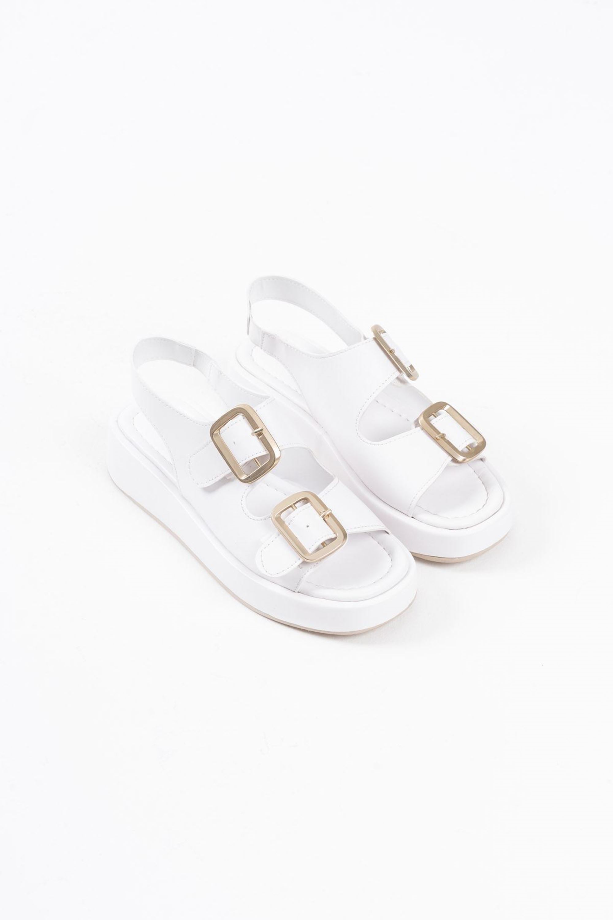 Velvetta Çift Toka Detaylı Cilt Sandalet - Beyaz