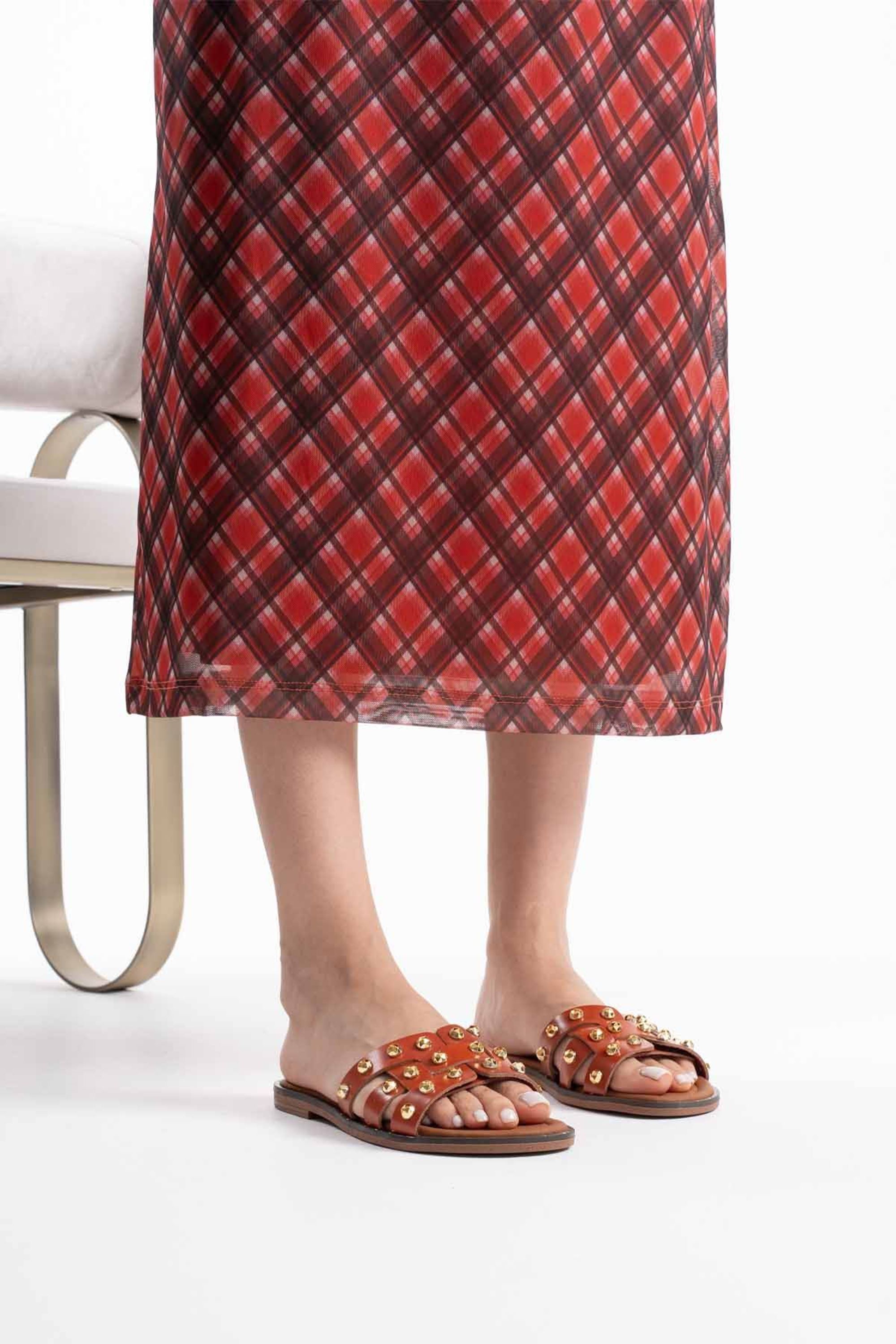 Cozane Kadın Gold Detaylı Rahat Hakiki Deri Terlik - Kiremit