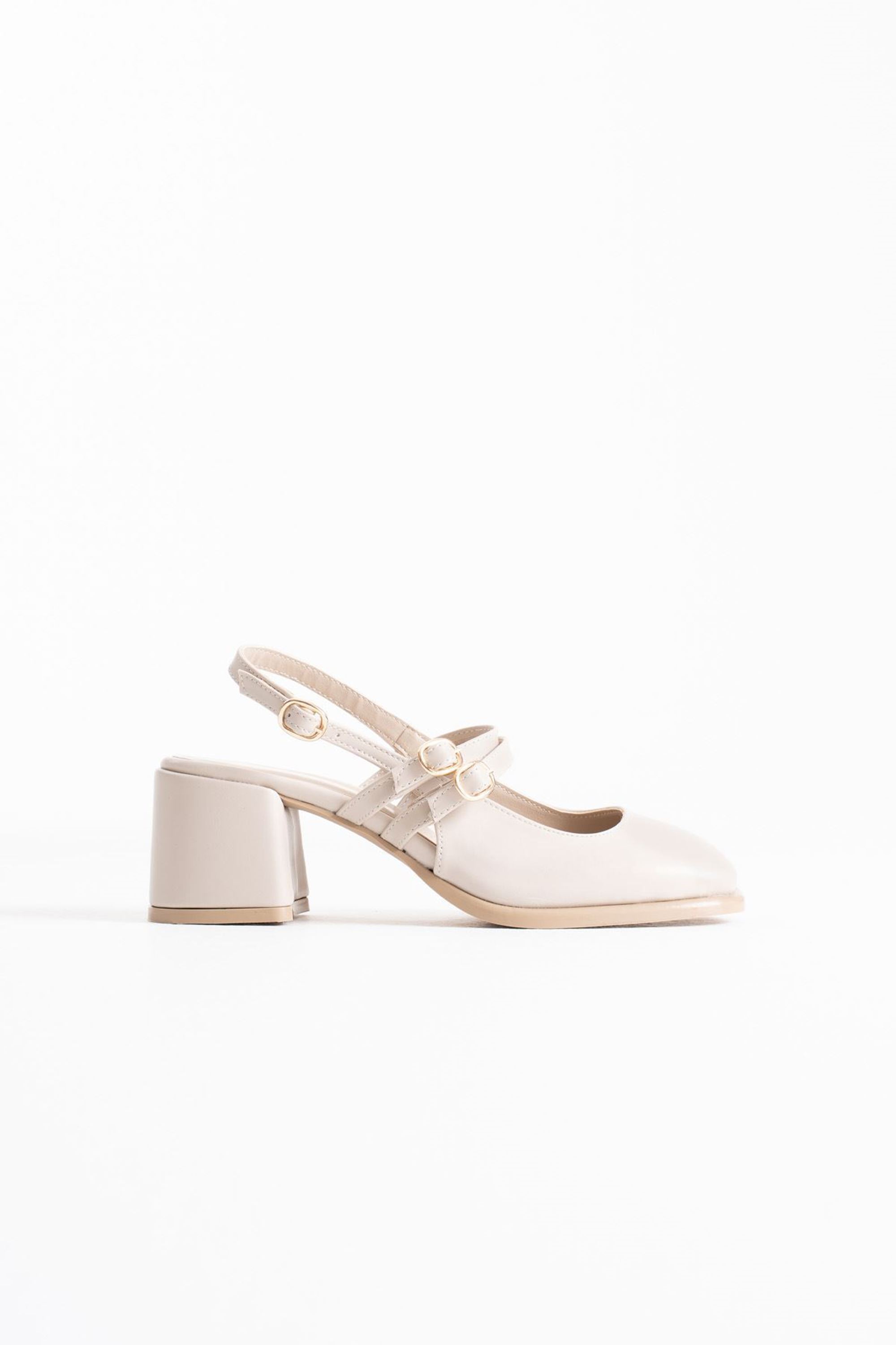 Milane Kadın Toka Detaylı Cilt Kalın Topuklu Ayakkabı - Bej