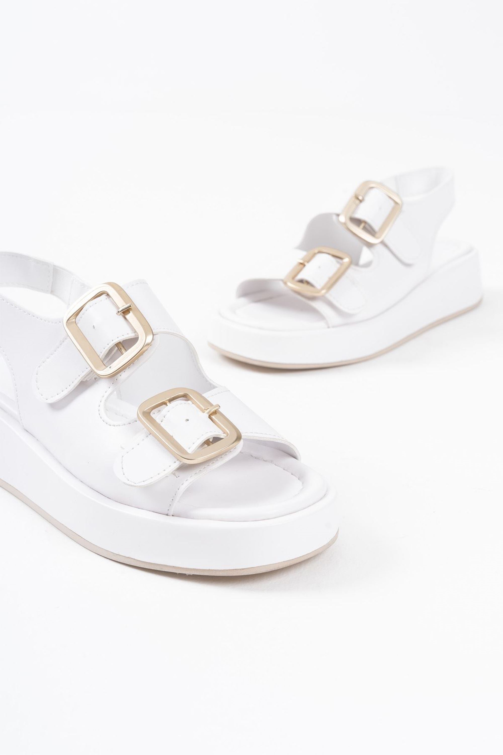 Velvetta Çift Toka Detaylı Cilt Sandalet - Beyaz