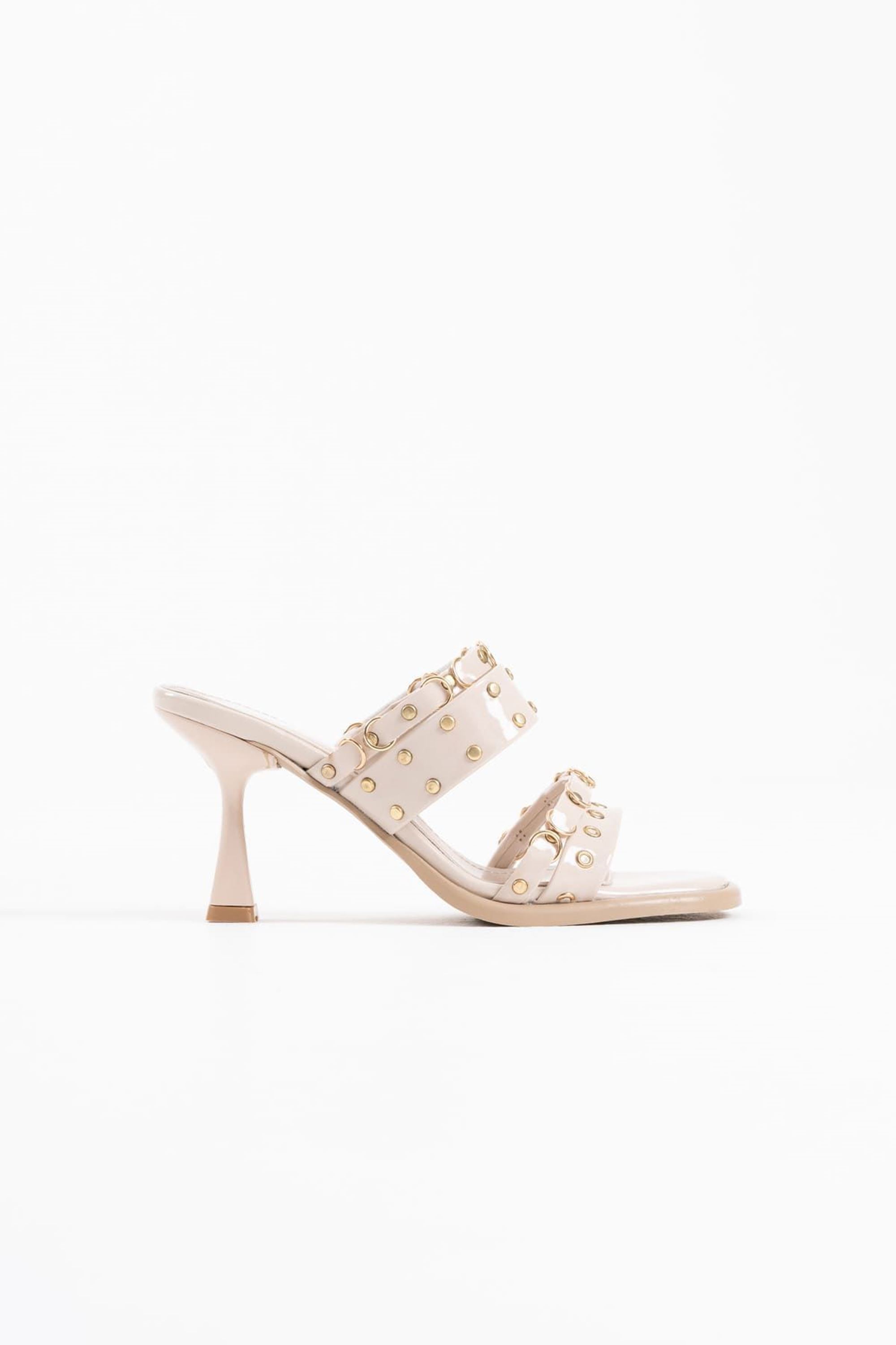 Sorelle Kadın Rugan Şık Bant Detaylı Abiye Topuklu Terlik Ayakkabı - Bej