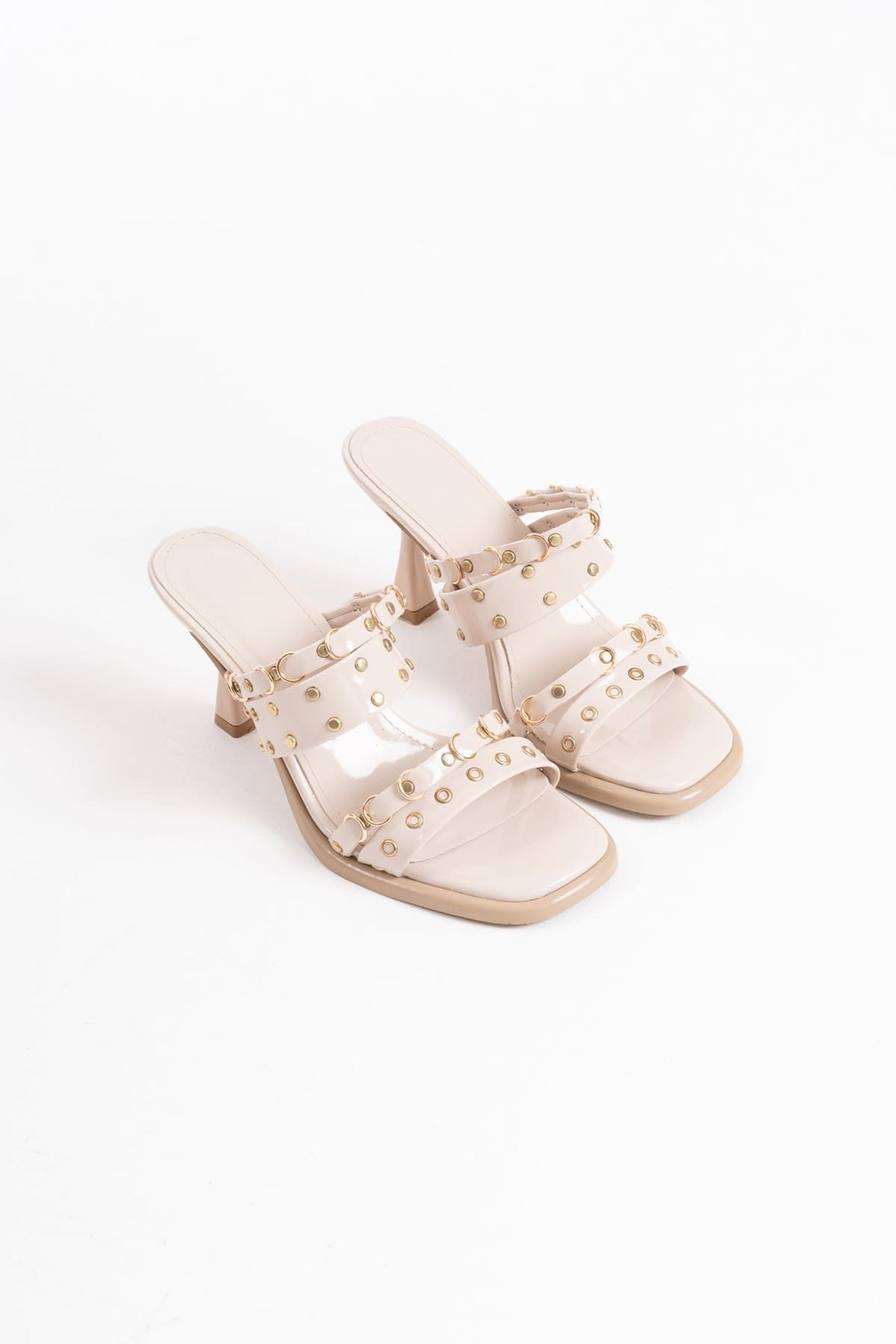 Sorelle Kadın Rugan Şık Bant Detaylı Abiye Topuklu Terlik Ayakkabı - Bej