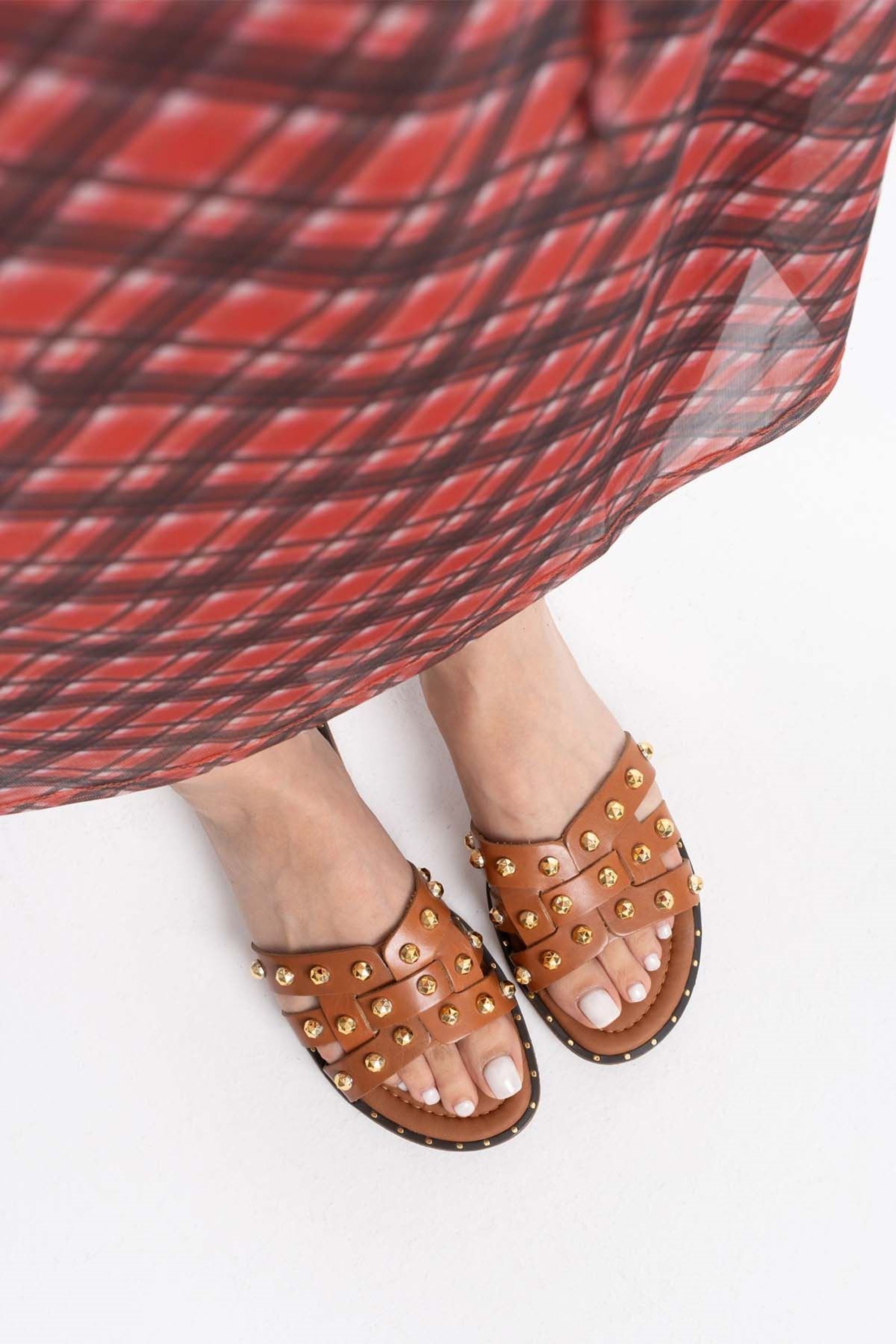 Cozane Kadın Gold Detaylı Rahat Hakiki Deri Terlik - Taba