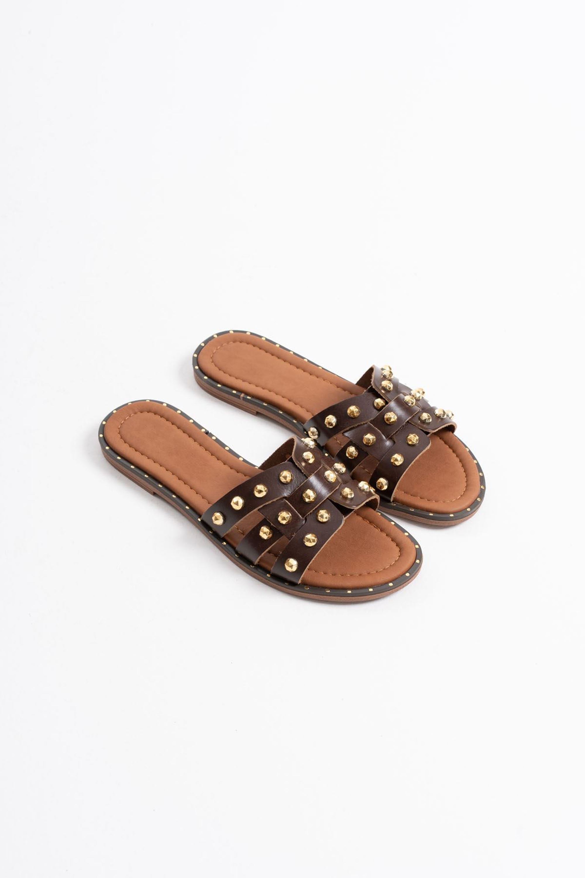 Cozane Kadın Gold Detaylı Rahat Hakiki Deri Terlik - Acı Kahve