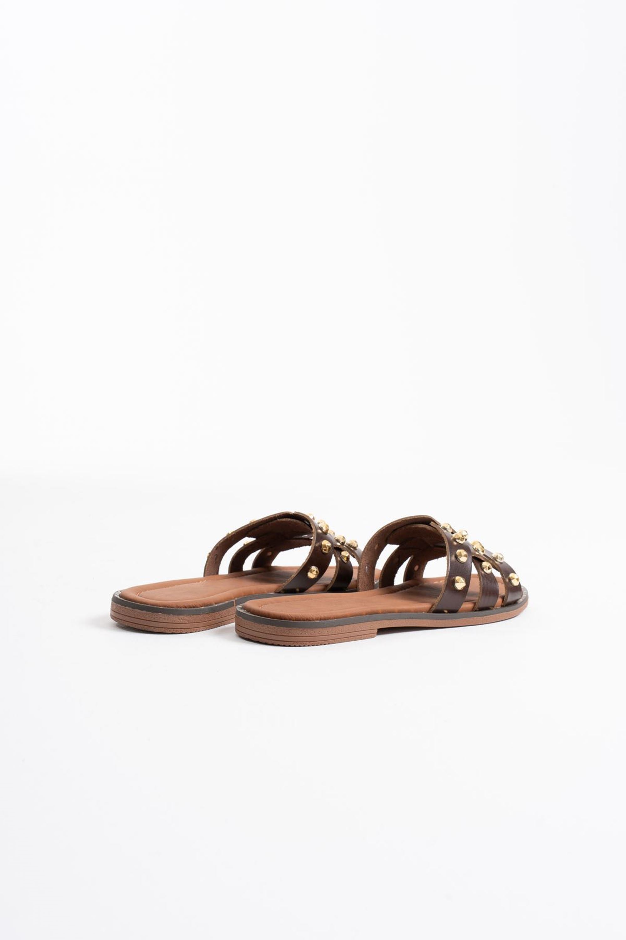 Cozane Kadın Gold Detaylı Rahat Hakiki Deri Terlik - Acı Kahve