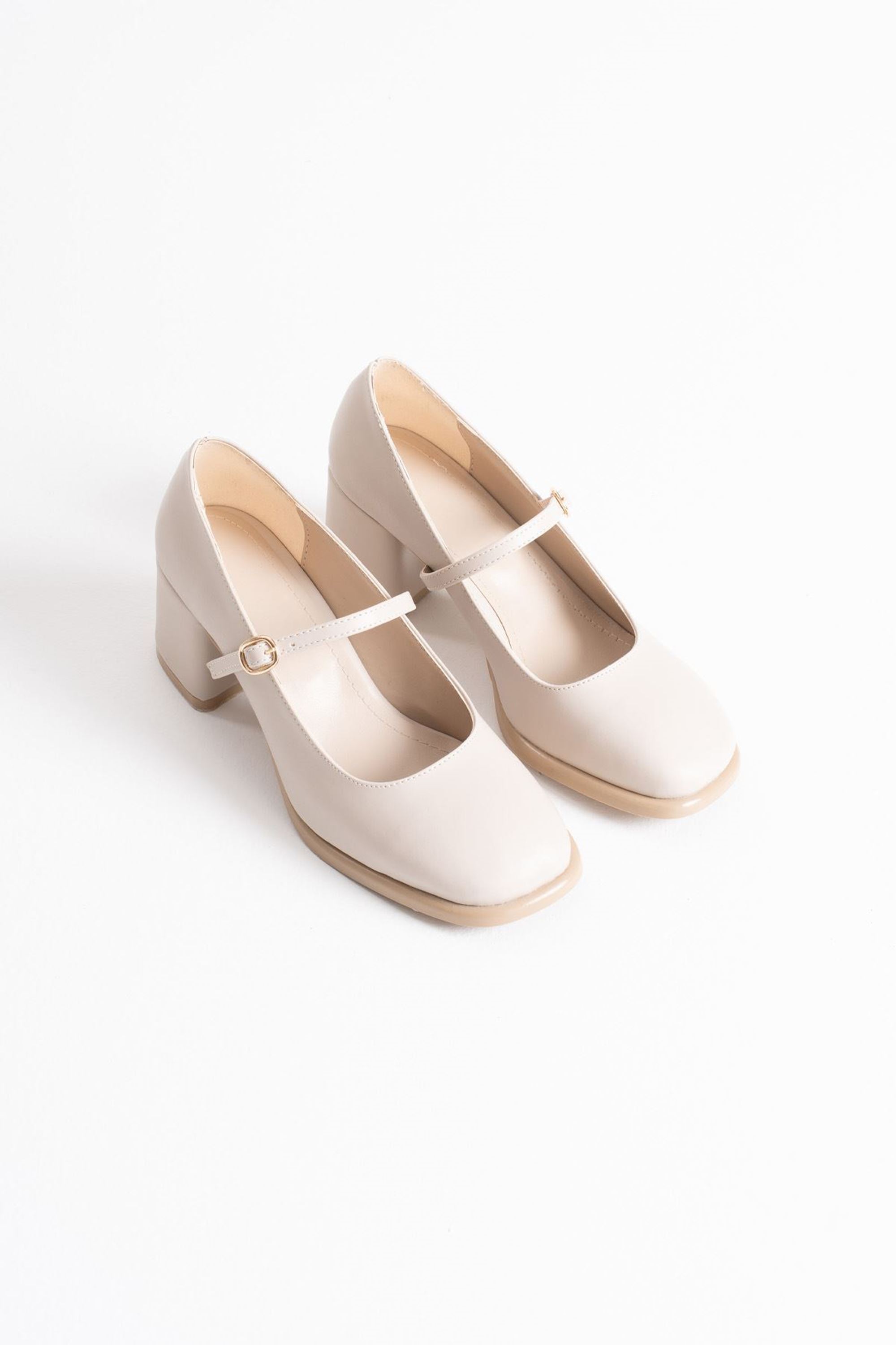 Ferosa Kadın Klasik Cilt Kalın Topuklu Ayakkabı - Bej