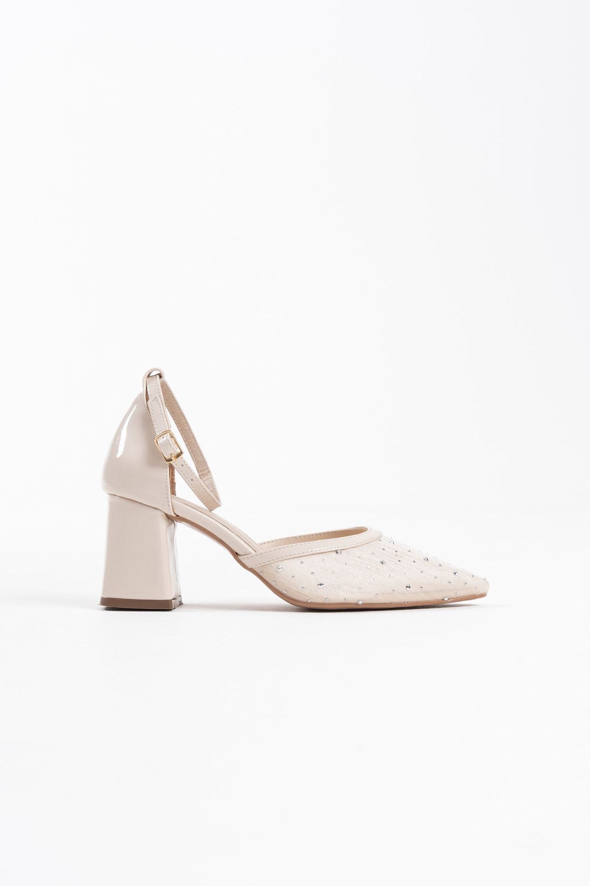 Velora Tekstil Kumaş Taşlı Kadın Topuklu Ayakkabı - Bej