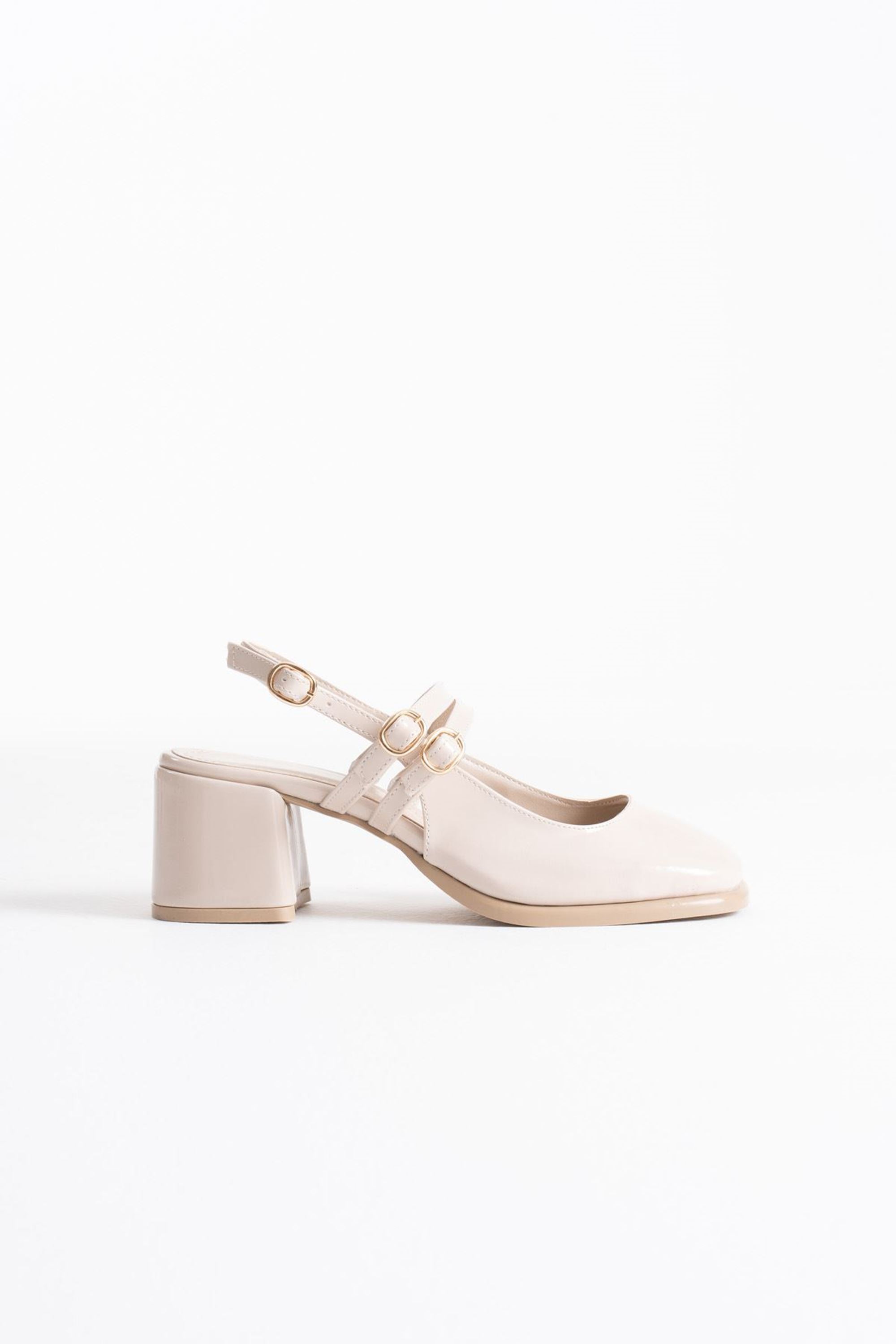 Milane Kadın Toka Detaylı Rugan Kalın Topuklu Ayakkabı - Bej