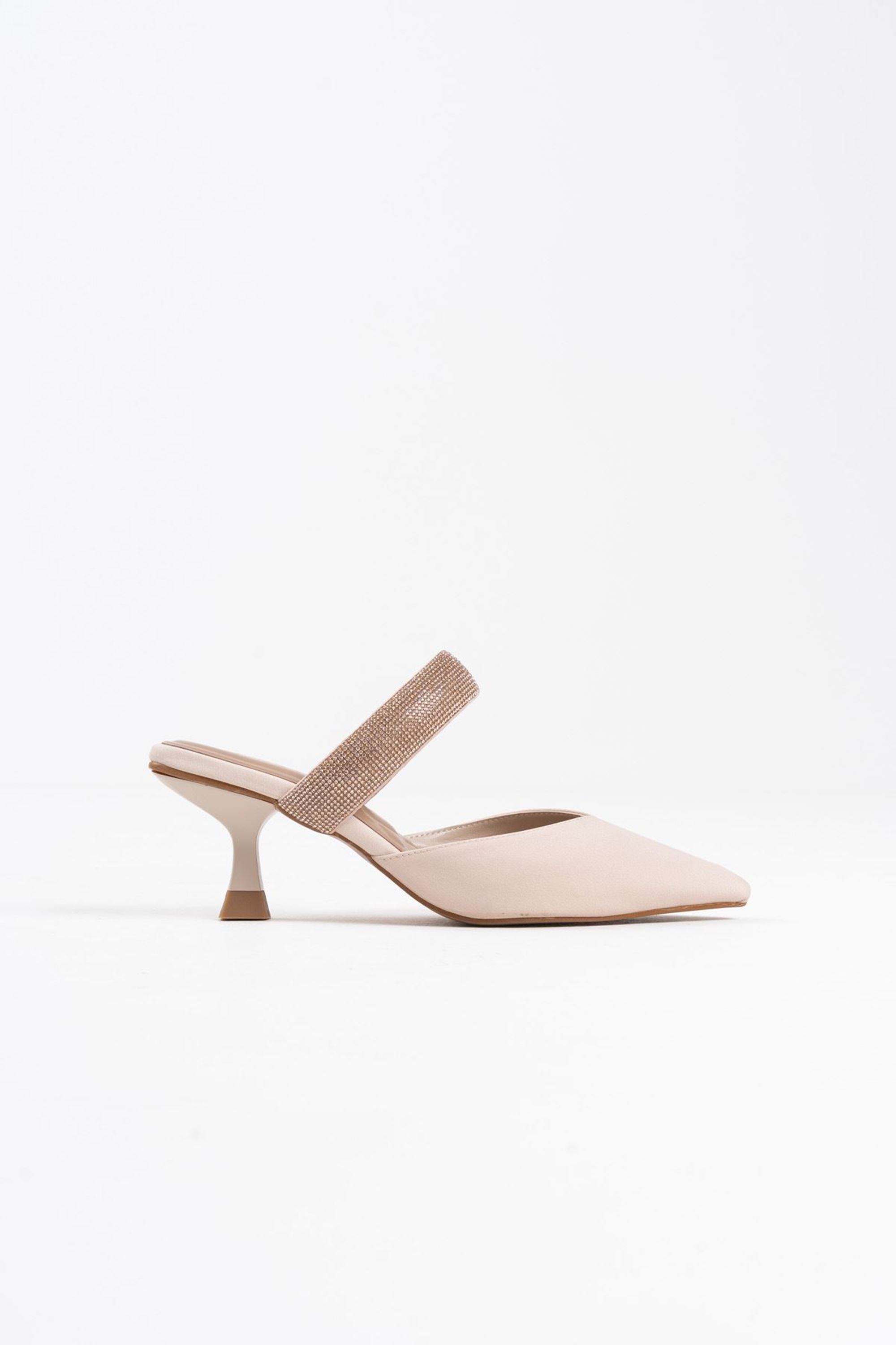 Fleuria Kadın Şık Taş Detaylı Topuklu Terlik - Bej