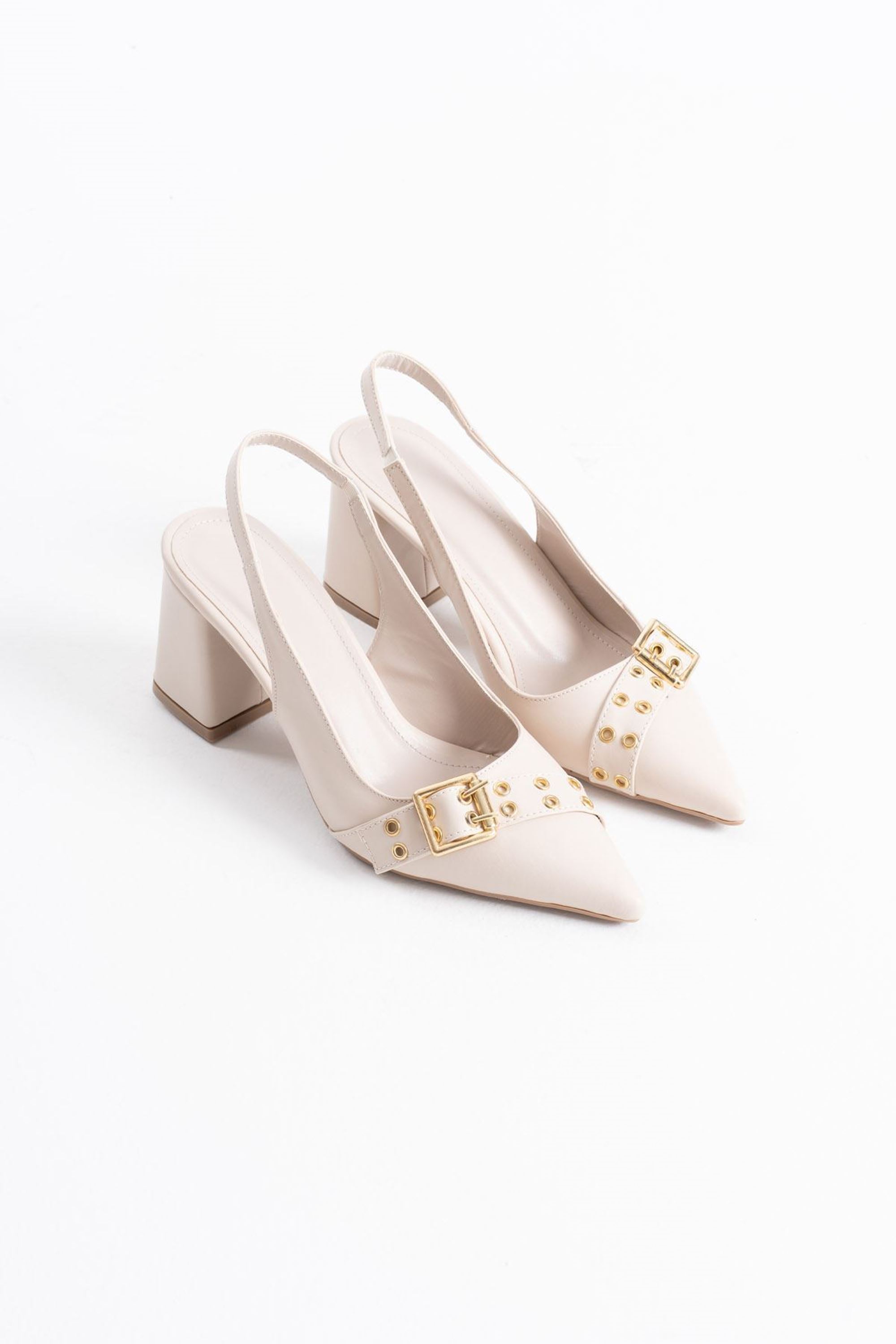 Dazzia Kadın Cilt Şık Toka Detaylı Kalın Topuklu Ayakkabı - Bej