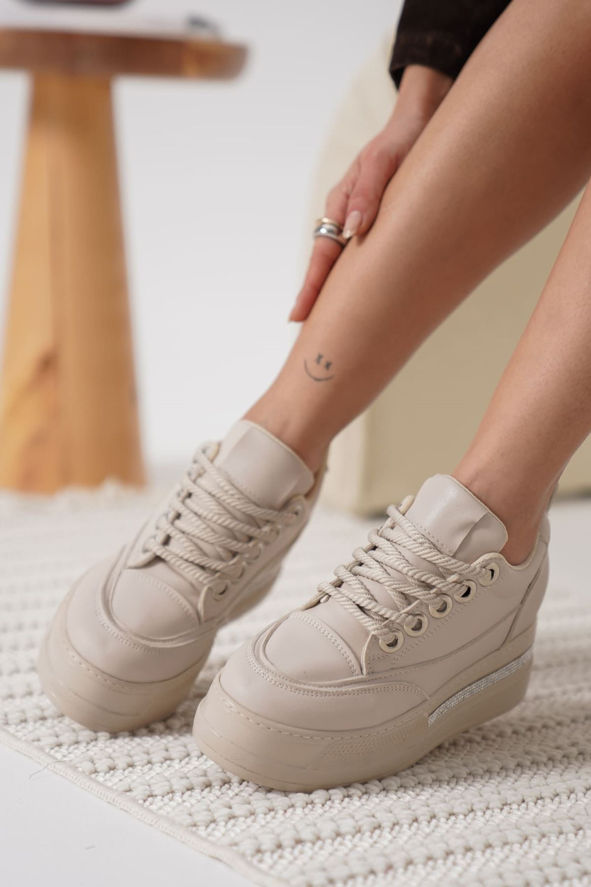 Zayro Kadın Boy Uzatan Gizli Topuklu Sneaker Spor Ayakkabı - Bej