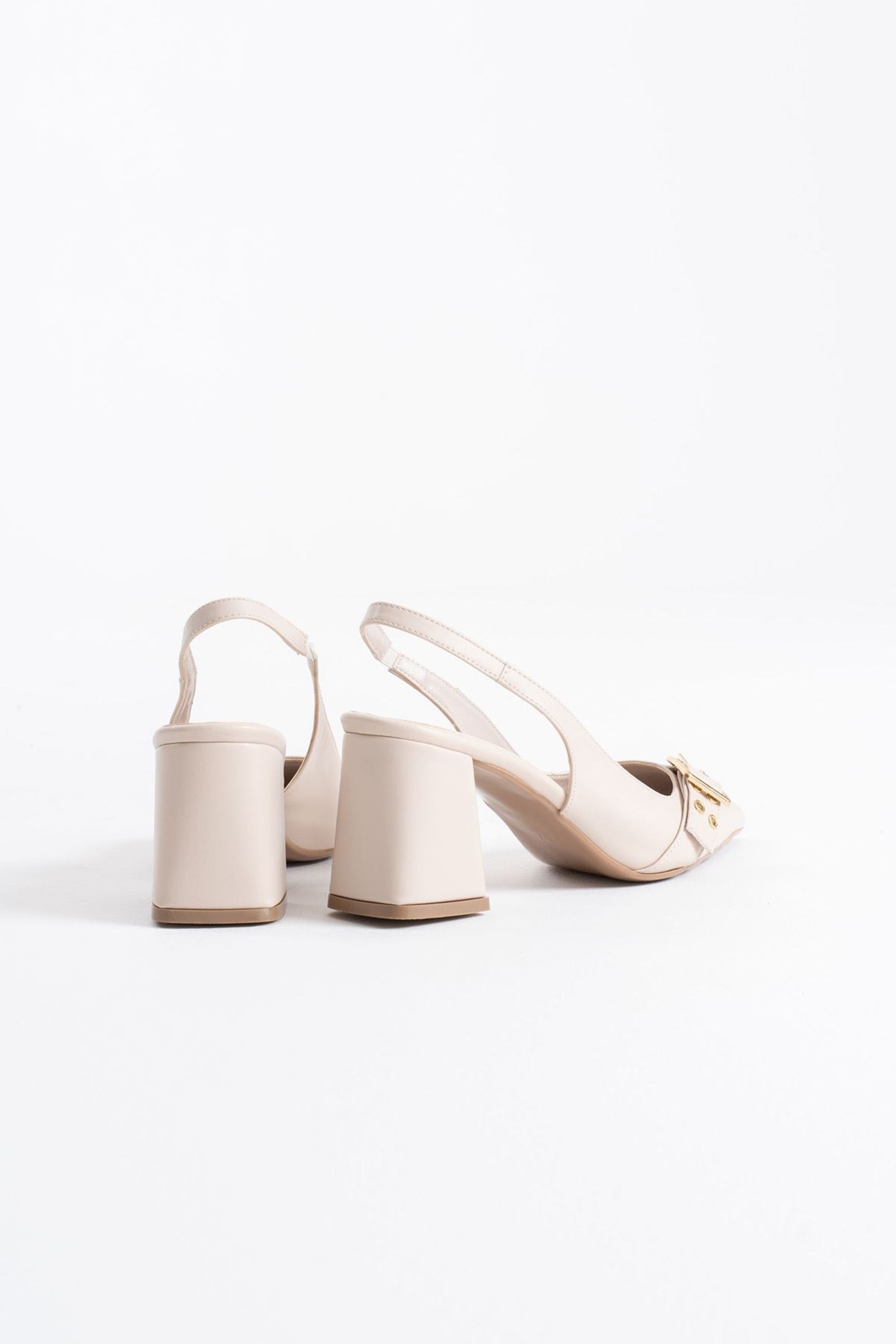 Dazzia Kadın Cilt Şık Toka Detaylı Kalın Topuklu Ayakkabı - Bej