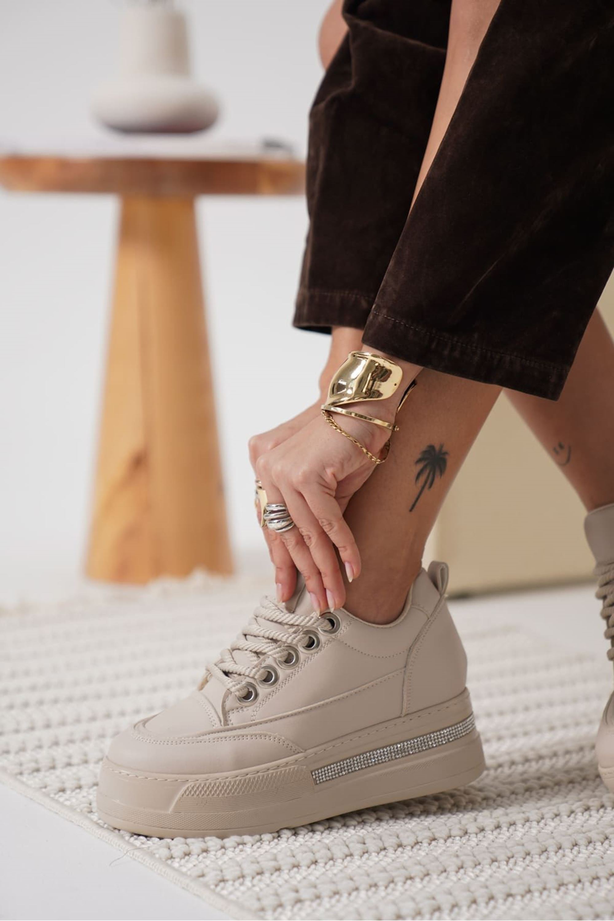 Zayro Kadın Boy Uzatan Gizli Topuklu Sneaker Spor Ayakkabı - Bej