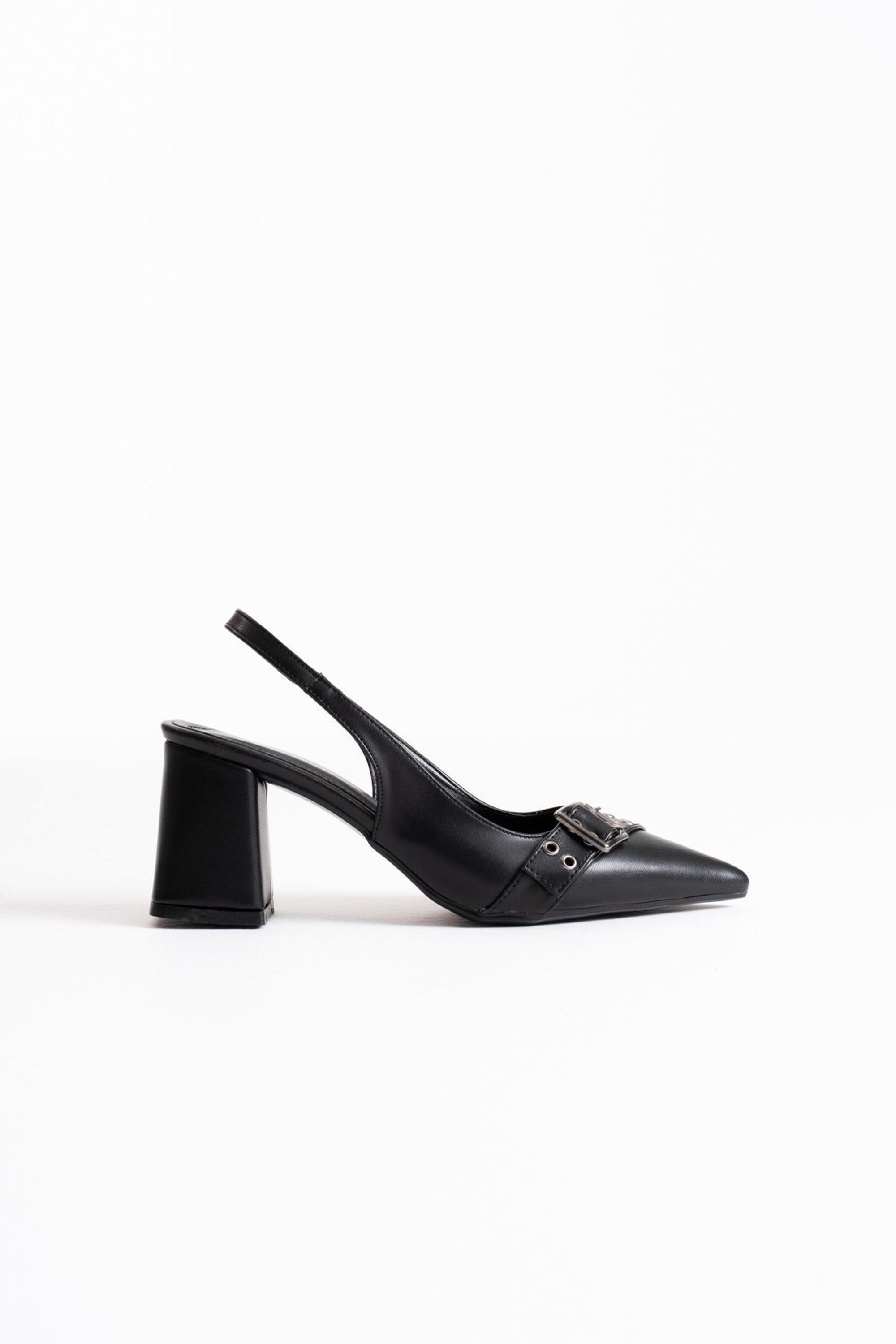 Dazzia Kadın Cilt Şık Toka Detaylı Kalın Topuklu Ayakkabı - Siyah