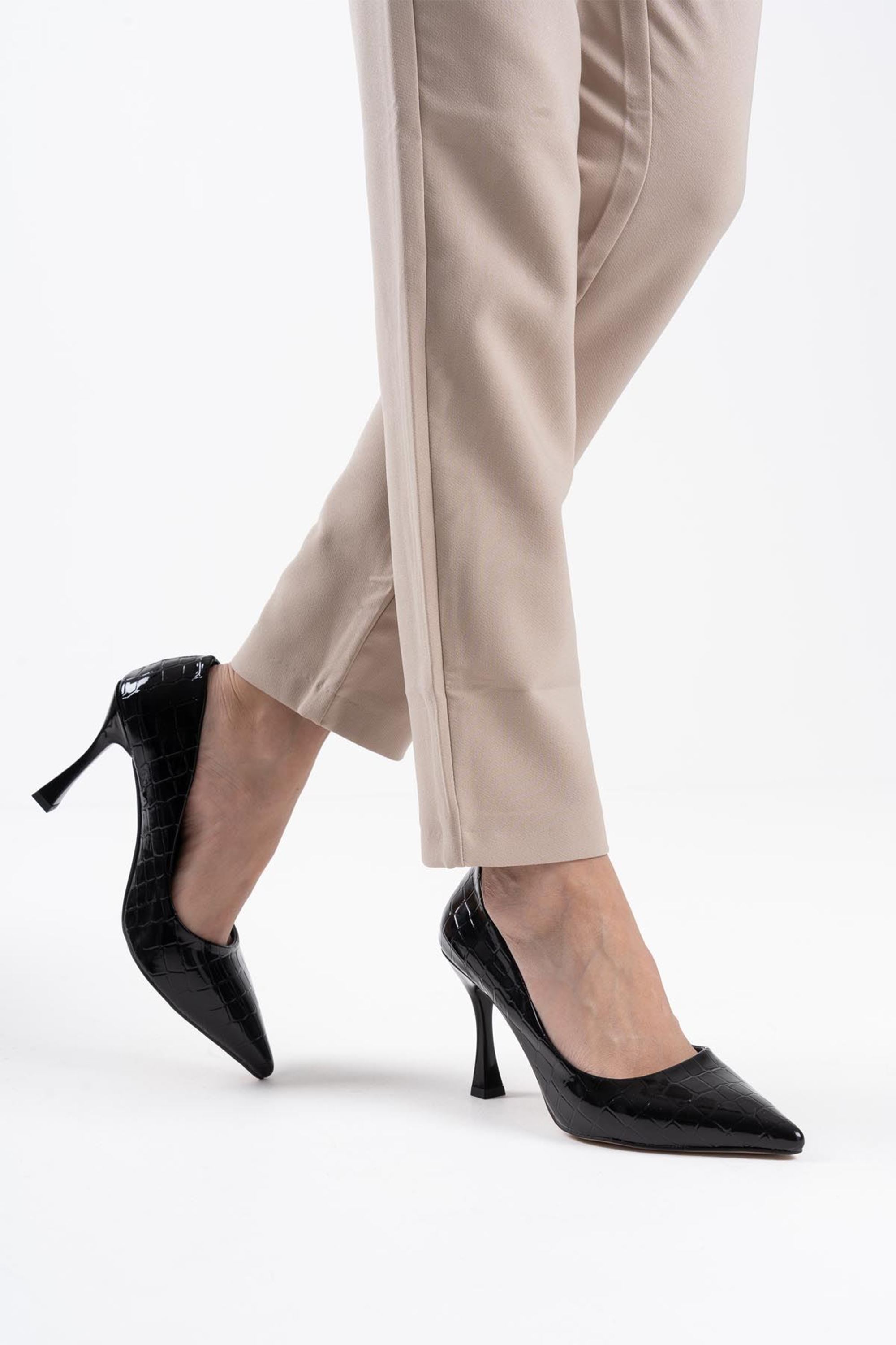 Yelena Kadın Şık Kroko Rugan Topuklu Ayakkabı Stiletto - Siyah