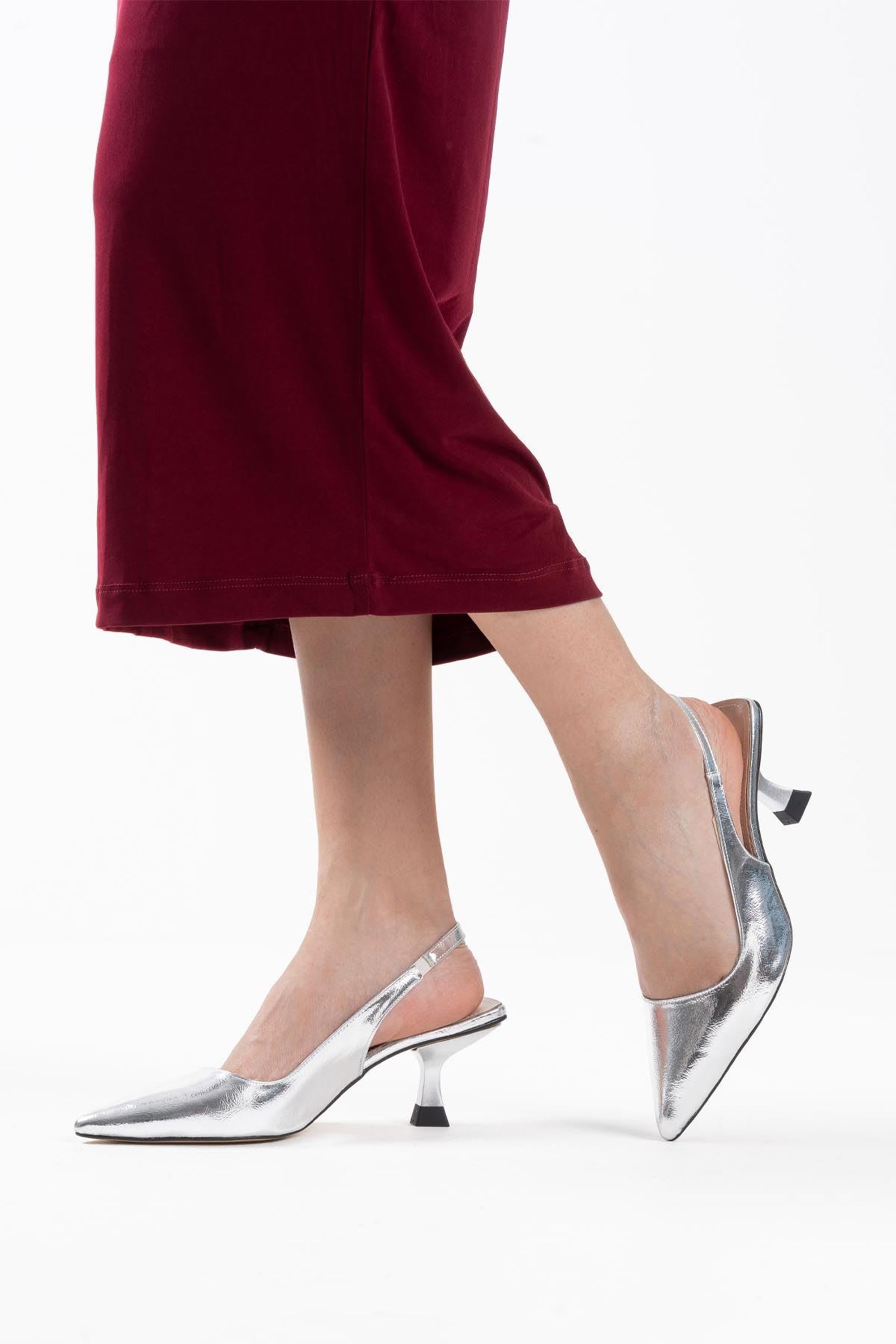 Luvette Kadın Şık Kırışık Rugan Topuklu Ayakkabı - Gümüş