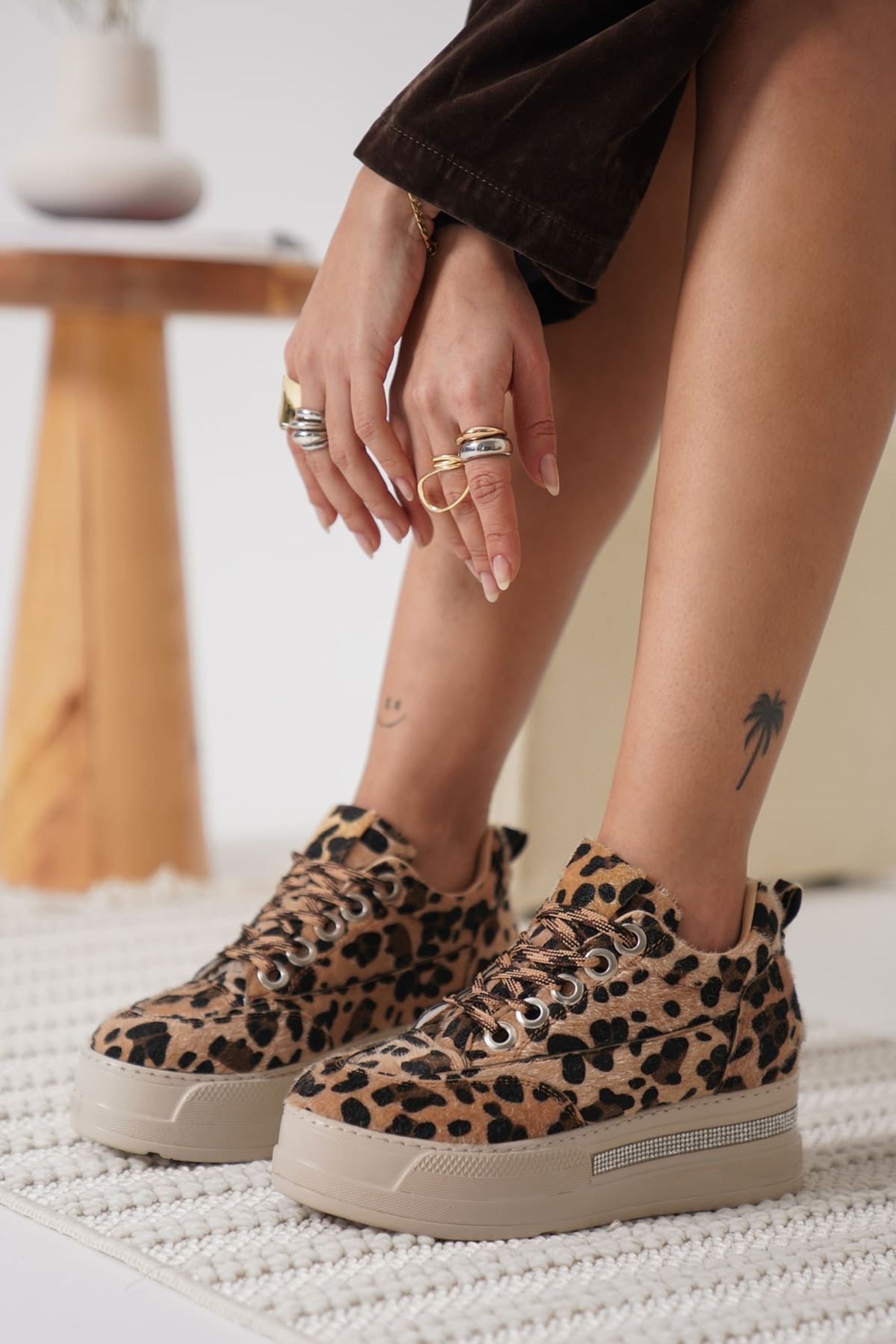 Zayro Kadın Boy Uzatan Gizli Topuklu Sneaker Spor Ayakkabı - Leopar
