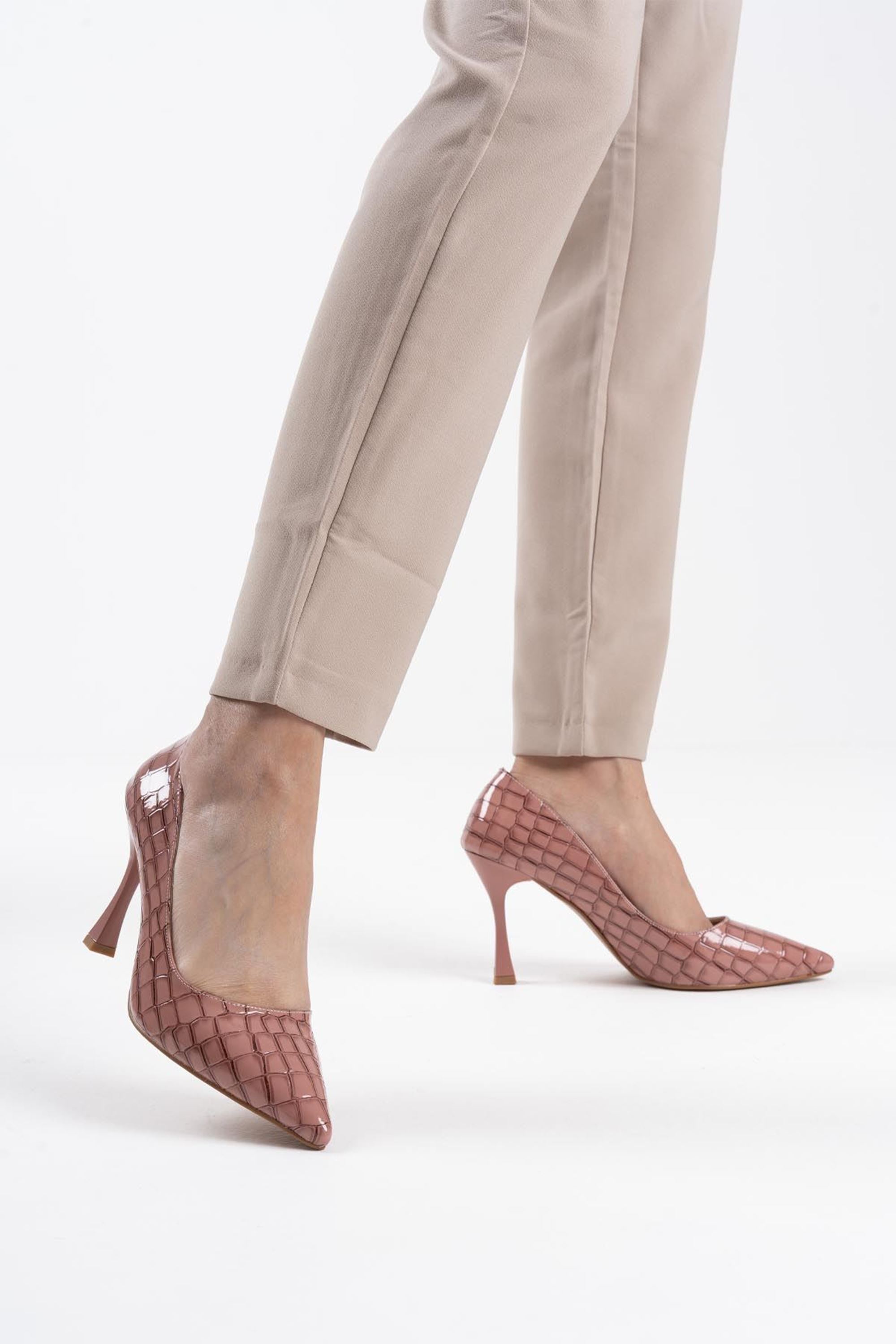 Yelena Kadın Şık Kroko Rugan Topuklu Ayakkabı Stiletto - Somon