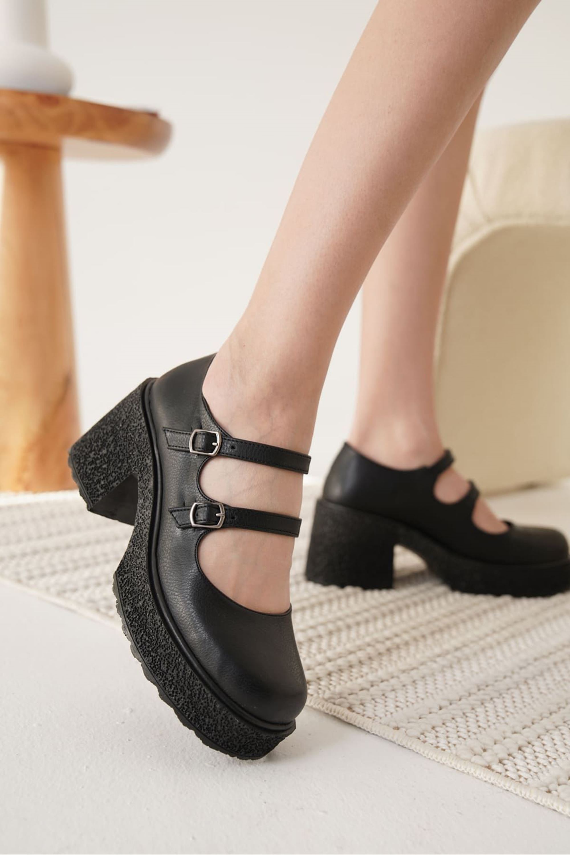 Zarela Kadın Çift Toka Detaylı Yüksek Topuklu Ayakkabı - Mat Siyah