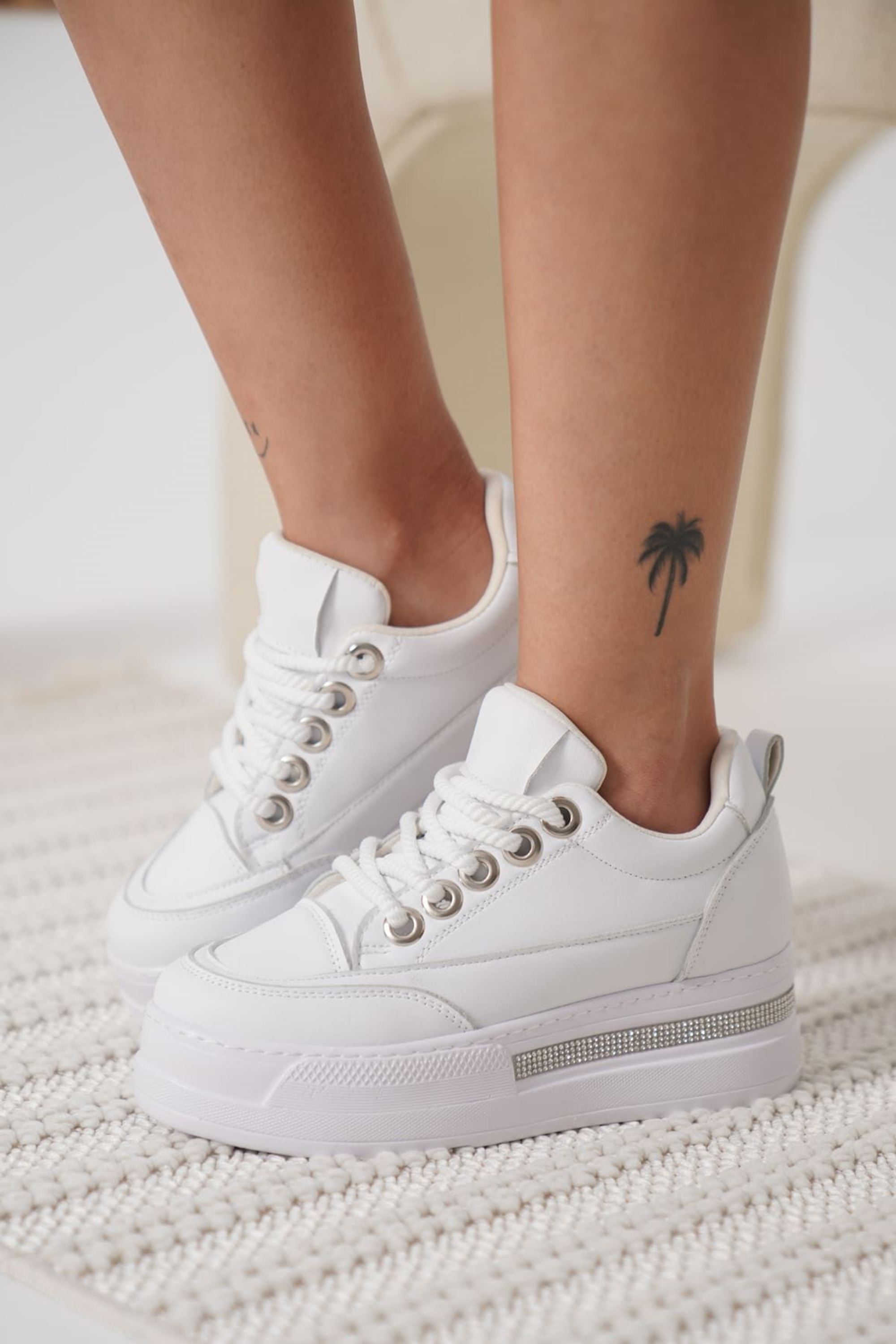 Zayro Kadın Boy Uzatan Gizli Topuklu Sneaker Spor Ayakkabı - Beyaz