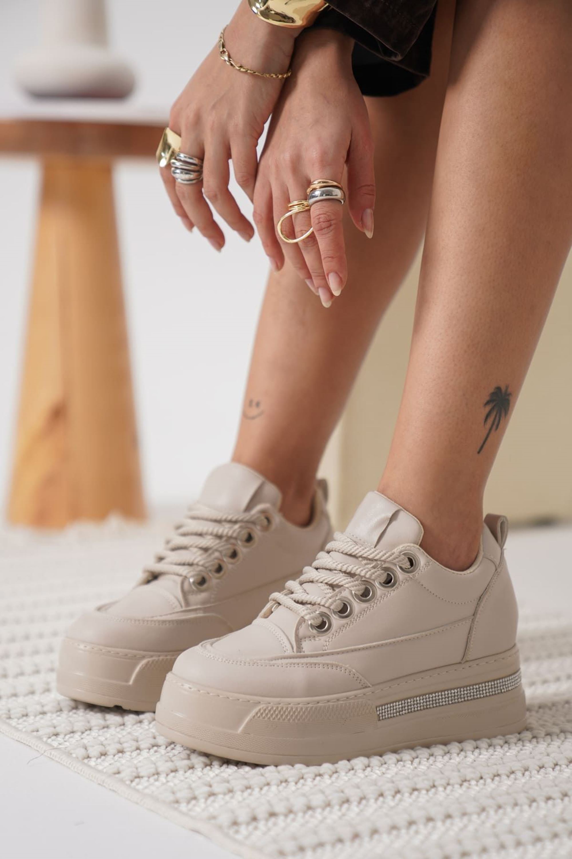 Zayro Kadın Boy Uzatan Gizli Topuklu Sneaker Spor Ayakkabı - Bej