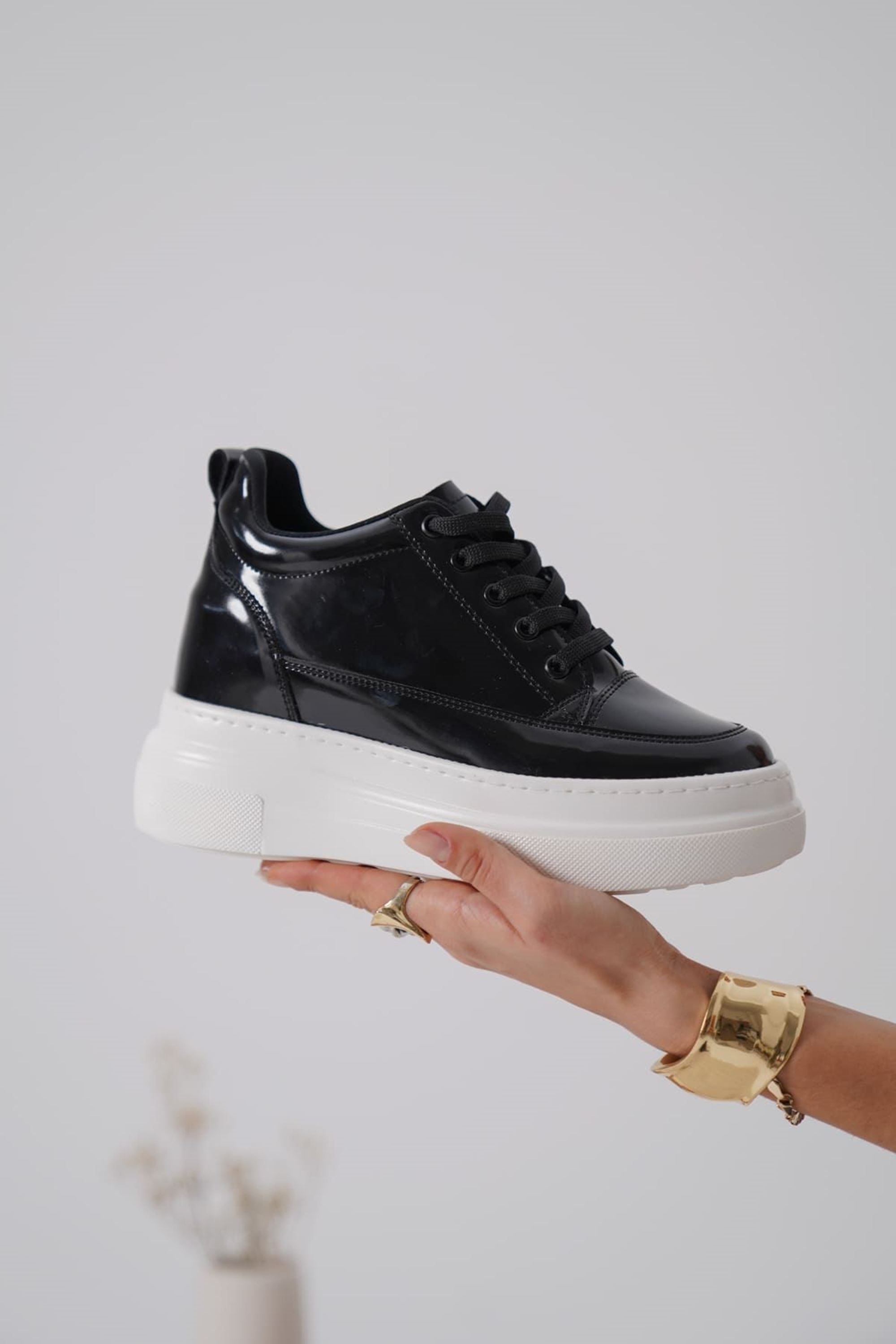 Glaren Kadın Rugan Boy Uzatan Gizli Topuklu Spor Ayakkabı Sneaker - Siyah