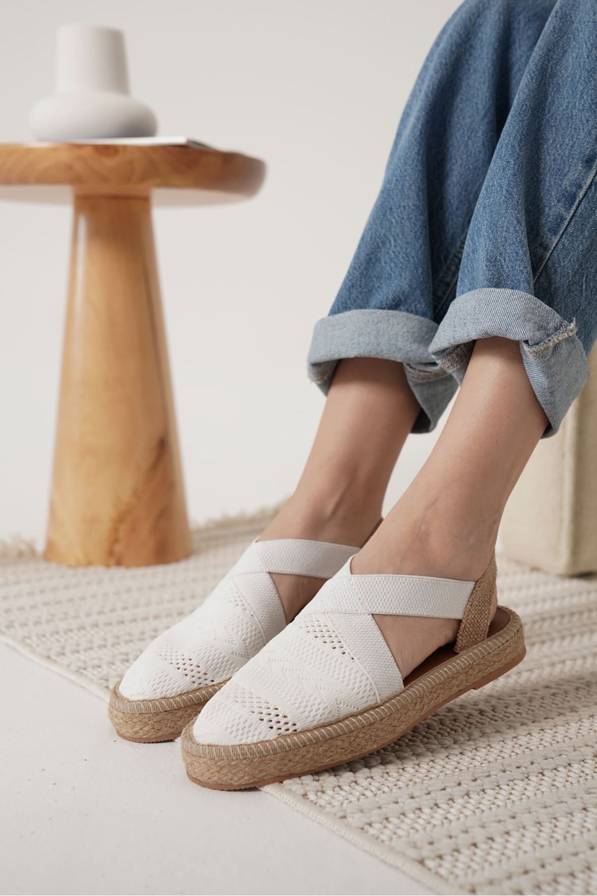 Melano Kadın Yazlık Triko Espadril Sandalet Ayakkabı - Beyaz