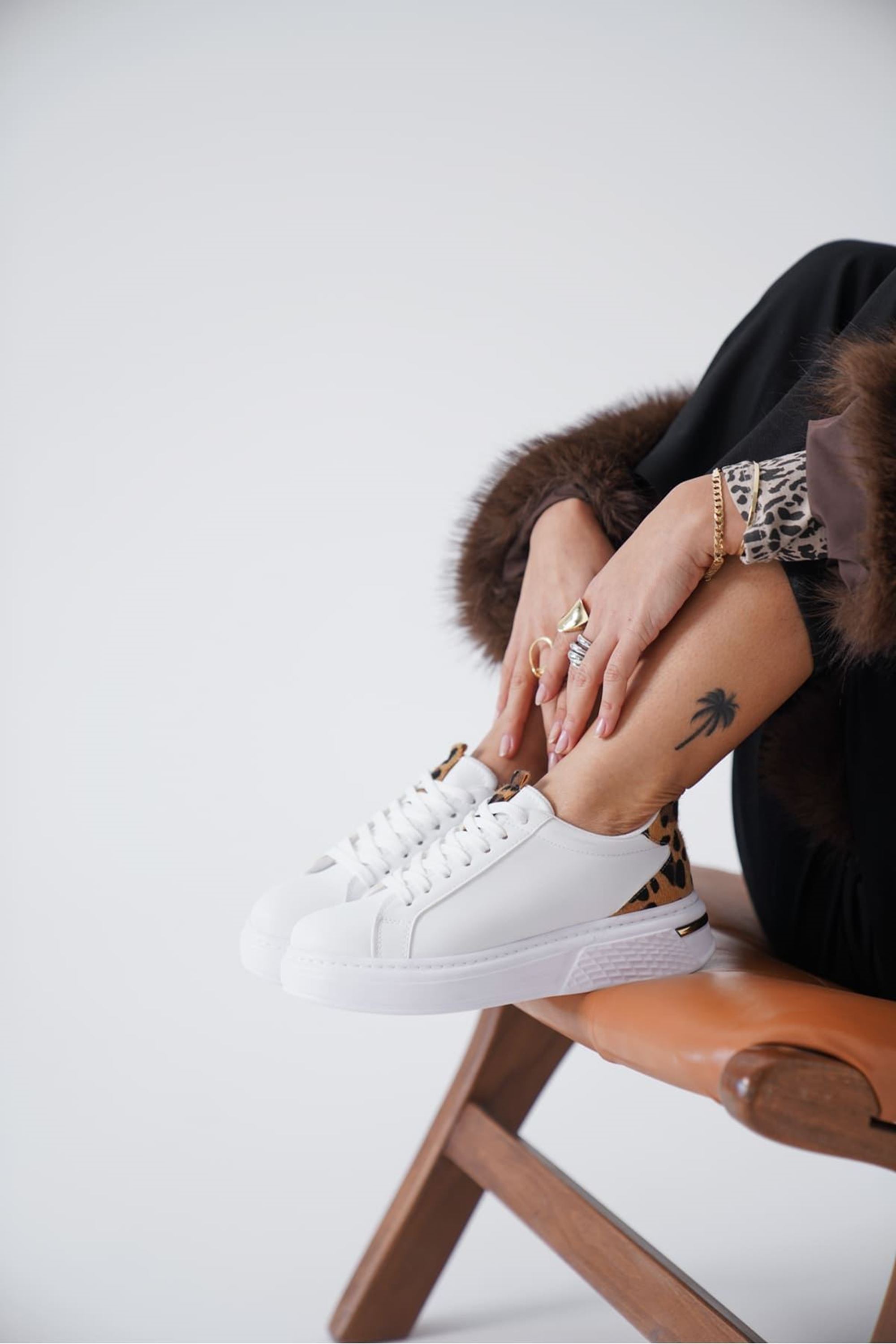 Movix Kadın Leopar Detaylı Spor Ayakkabı Sneaker - Beyaz