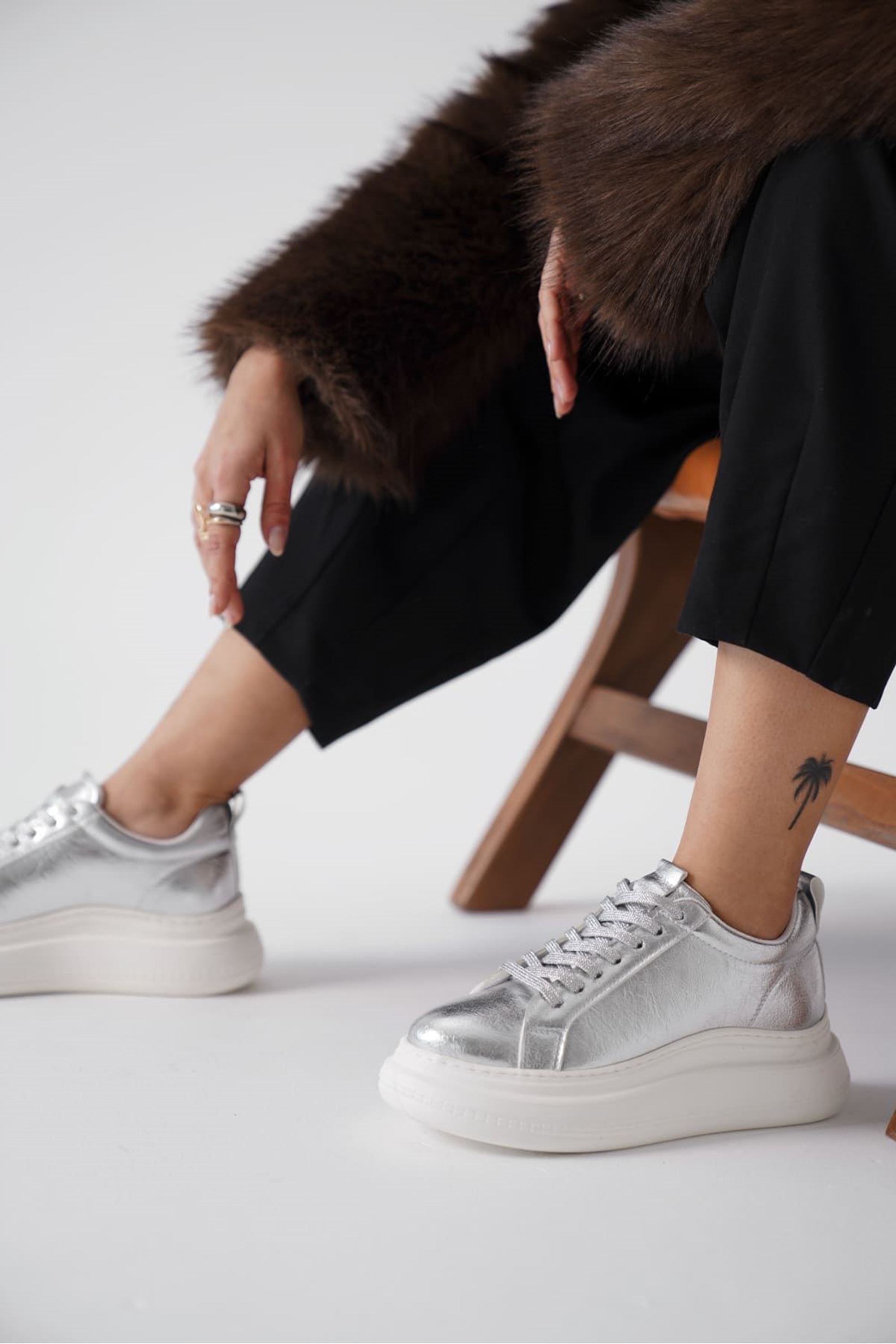 Yezzo Kadın Şık Klasik Spor Ayakkabı Sneaker - Gümüş