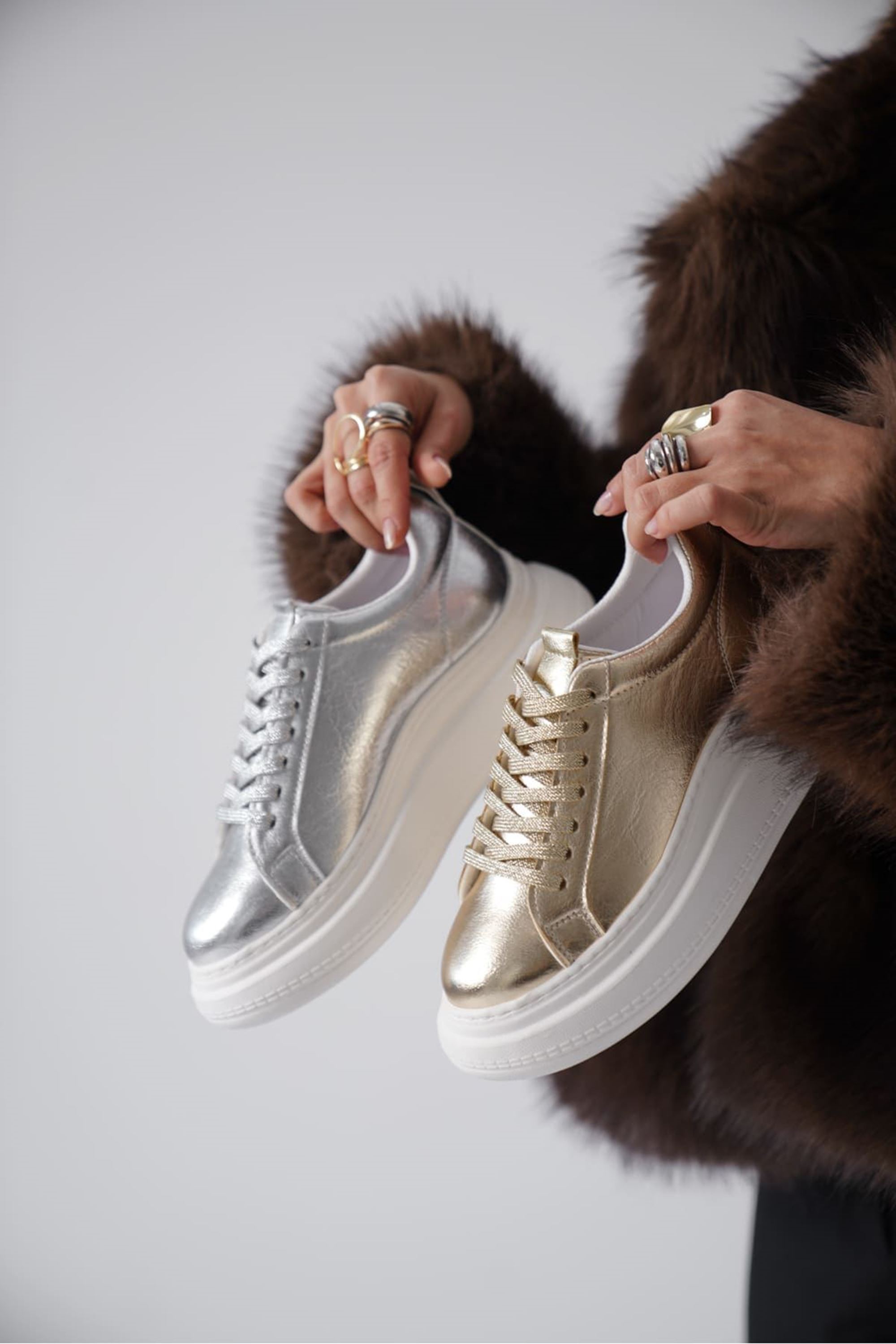 Yezzo Kadın Şık Klasik Spor Ayakkabı Sneaker - Gümüş