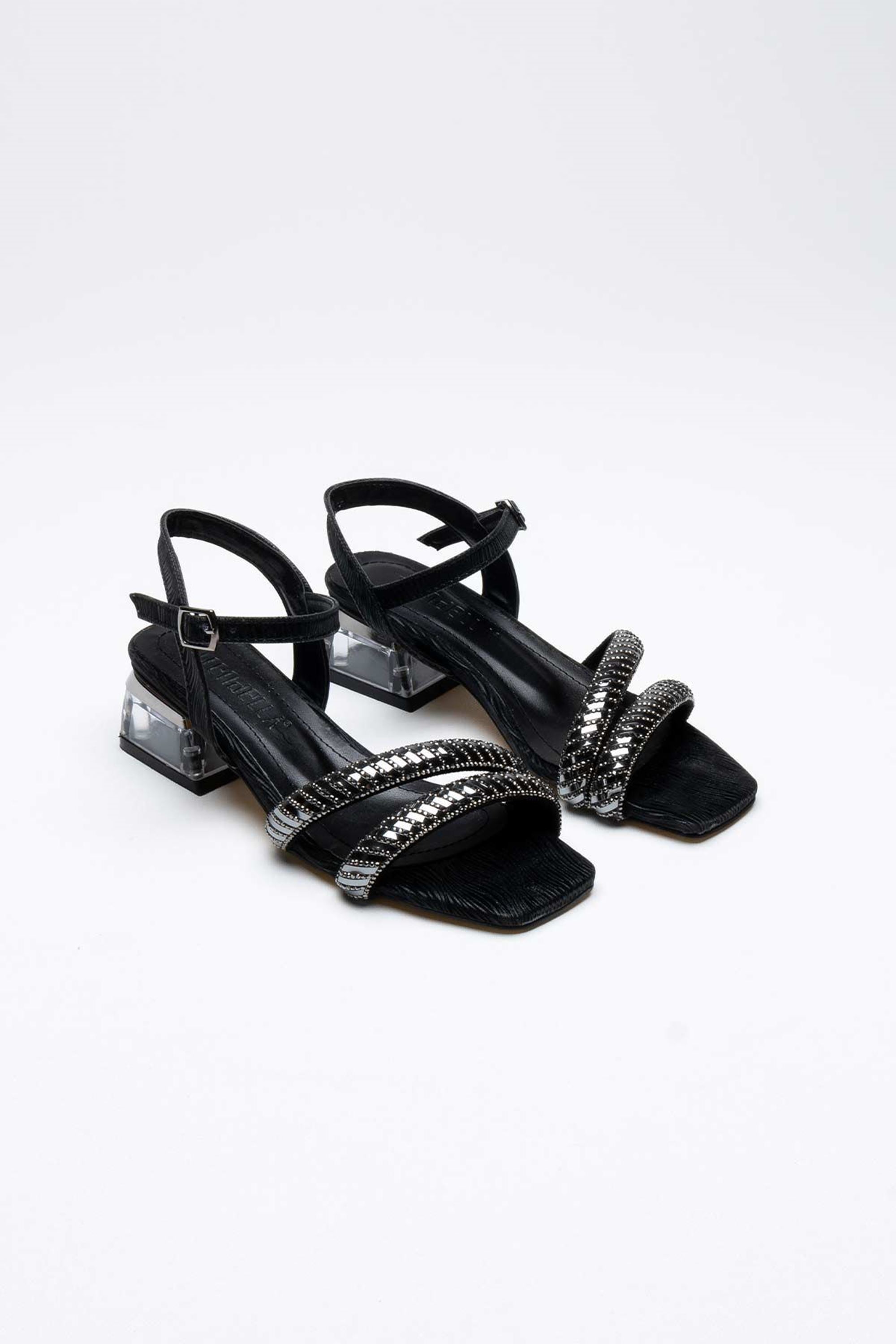Floren Kadın Taş Detaylı Abiye Topuklu Ayakkabı Sandalet - Siyah