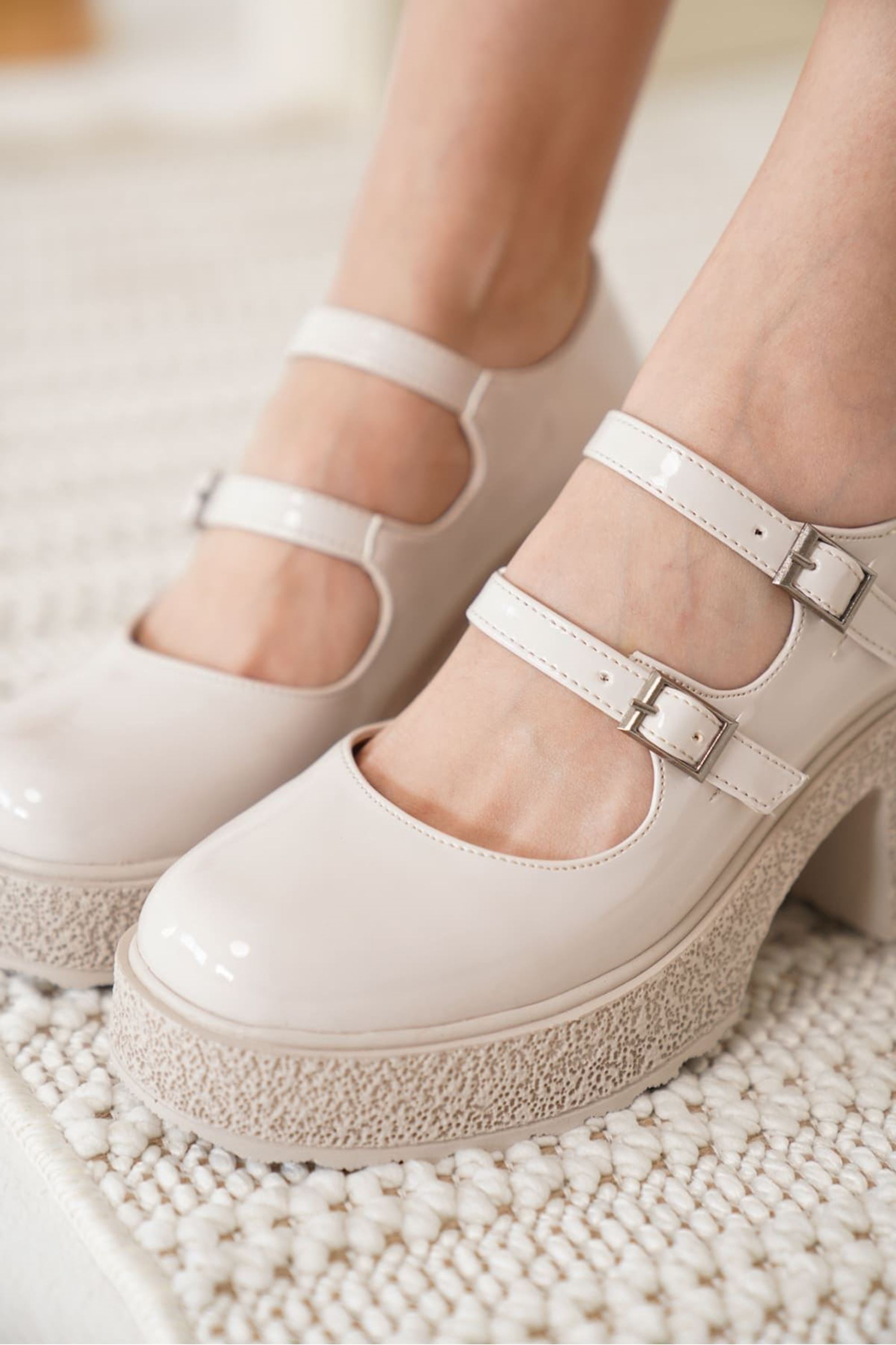 Zarela Kadın Çift Toka Detaylı Yüksek Topuklu Ayakkabı - Bej