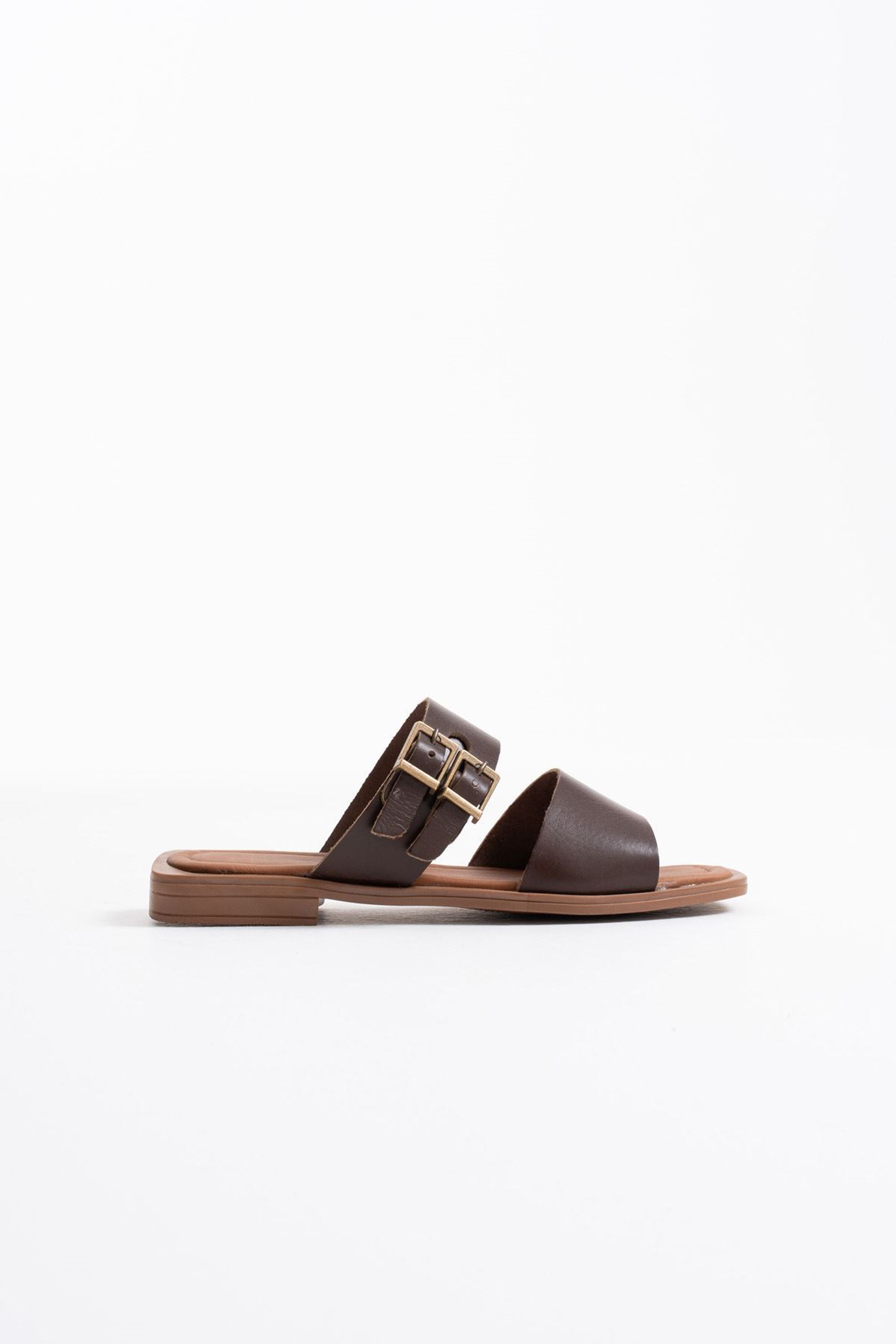 Mistelle Kadın Toka Detaylı İnce Tabanlı Hafif Rahat Hakiki Deri Terlik - Acı Kahve