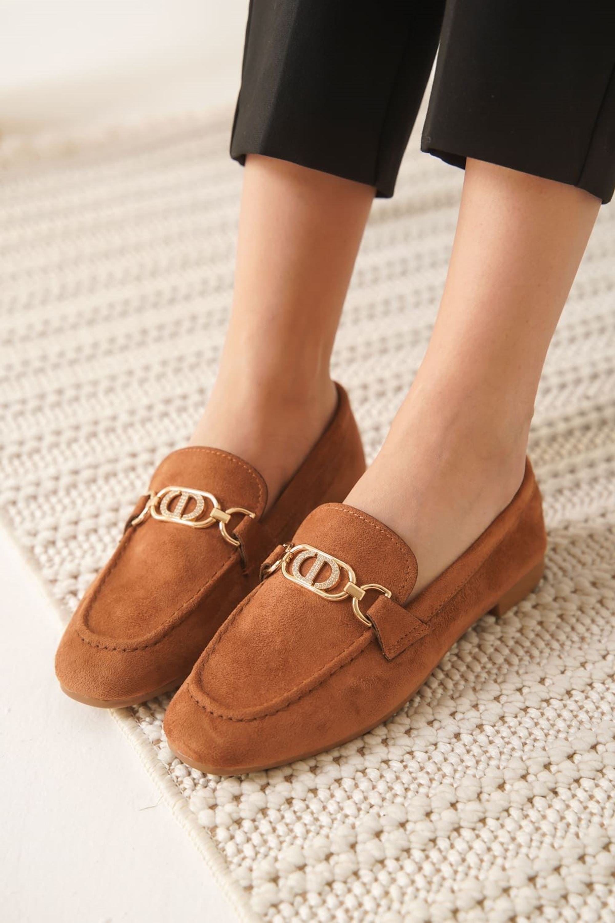 Lurose Kadın Süet Şık Toka Detaylı Günlük Loafer Ayakkabı - Taba