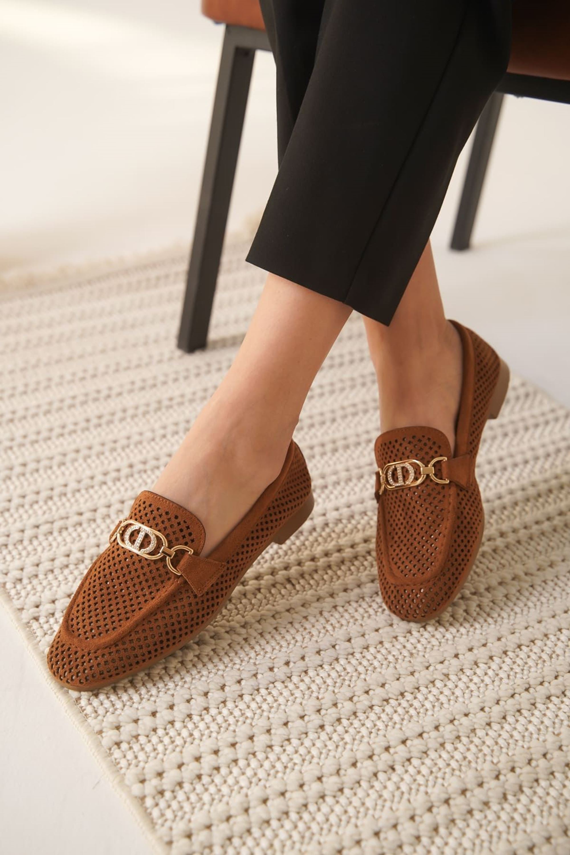 Jovira Kadın Süet Triko Toka Detaylı Günlük Loafer Ayakkabı - Taba