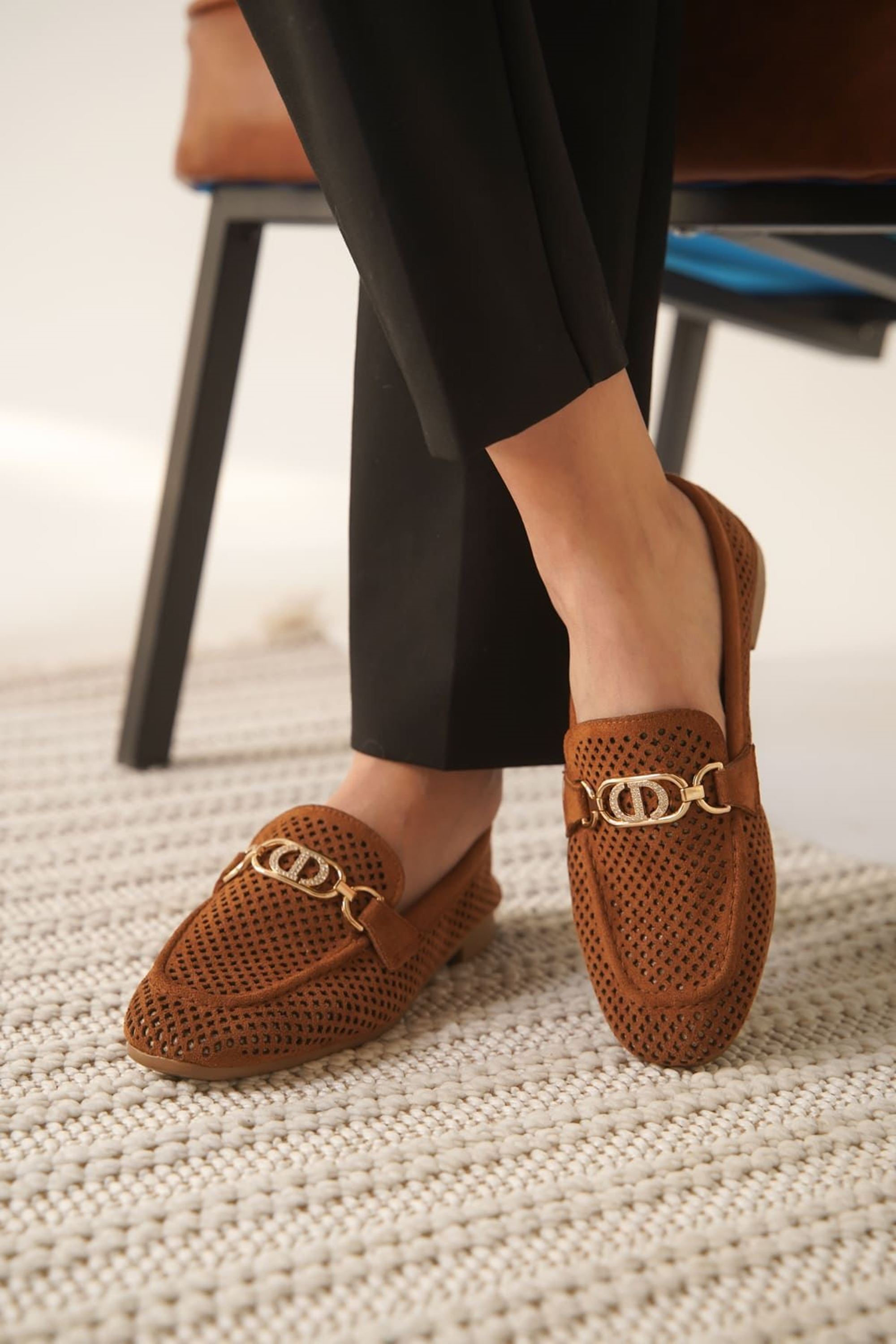 Jovira Kadın Süet Triko Toka Detaylı Günlük Loafer Ayakkabı - Taba