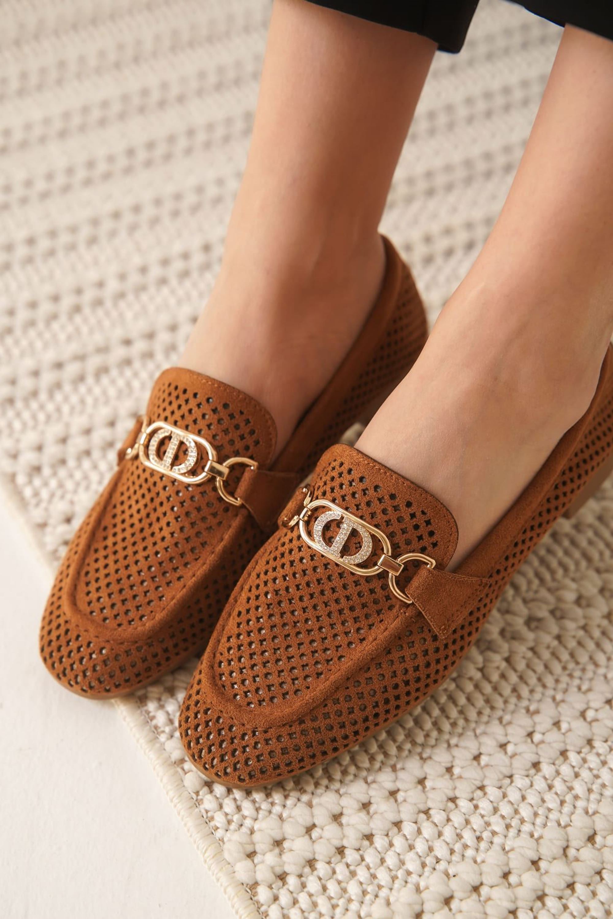 Jovira Kadın Süet Triko Toka Detaylı Günlük Loafer Ayakkabı - Taba