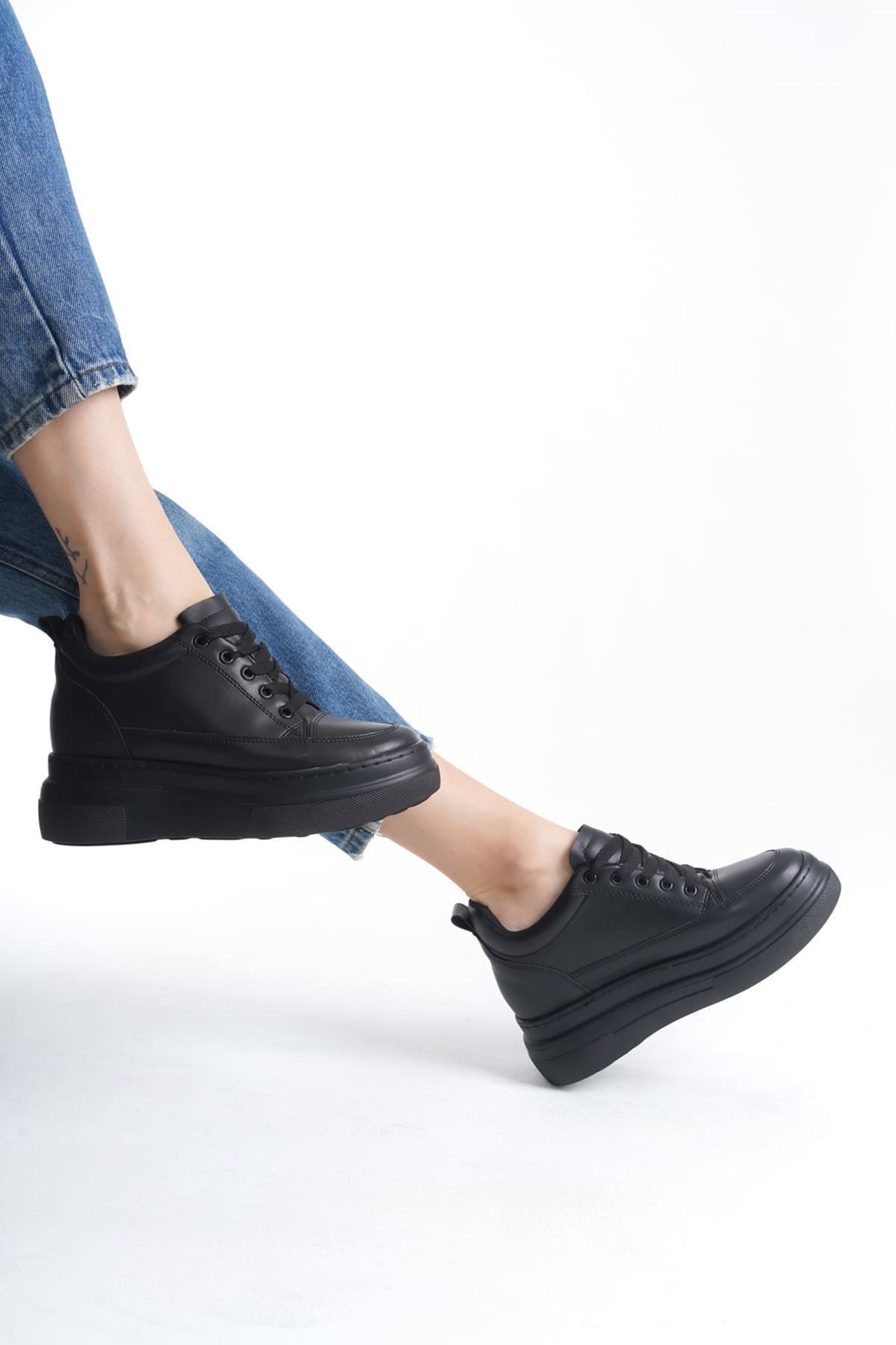 Glaren Kadın Boy Uzatan Gizli Topuklu Spor Ayakkabı Sneaker - Mat Siyah